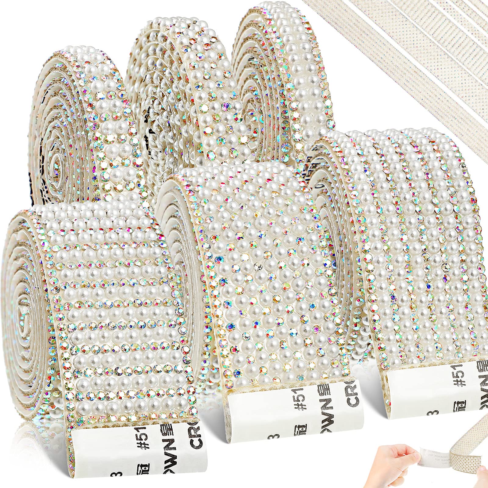 WILLBONDPearl Rhinestone Strips 6 Rolls 5. 28 Yards Pearl Diamond Ribbon Rhinestones White Self Adhesive Faux Crystal Stickers for Wedding Birthday Party Art Crafts Car Phone Shoes Decors(AB Color)