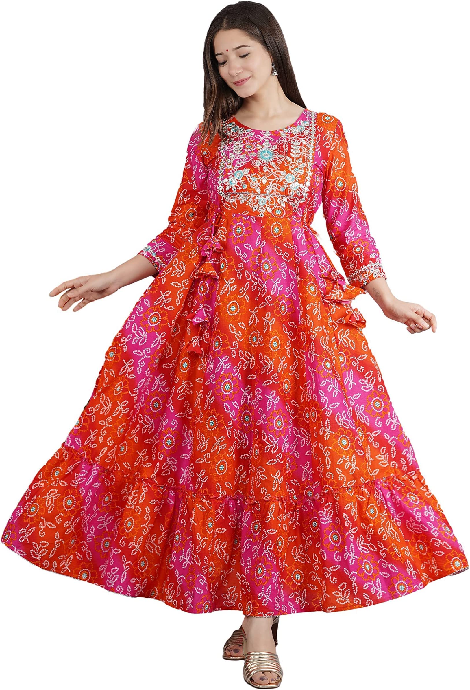 Paru Fabrics Women's Cotton Printed Anarkali Embroidery Kurti