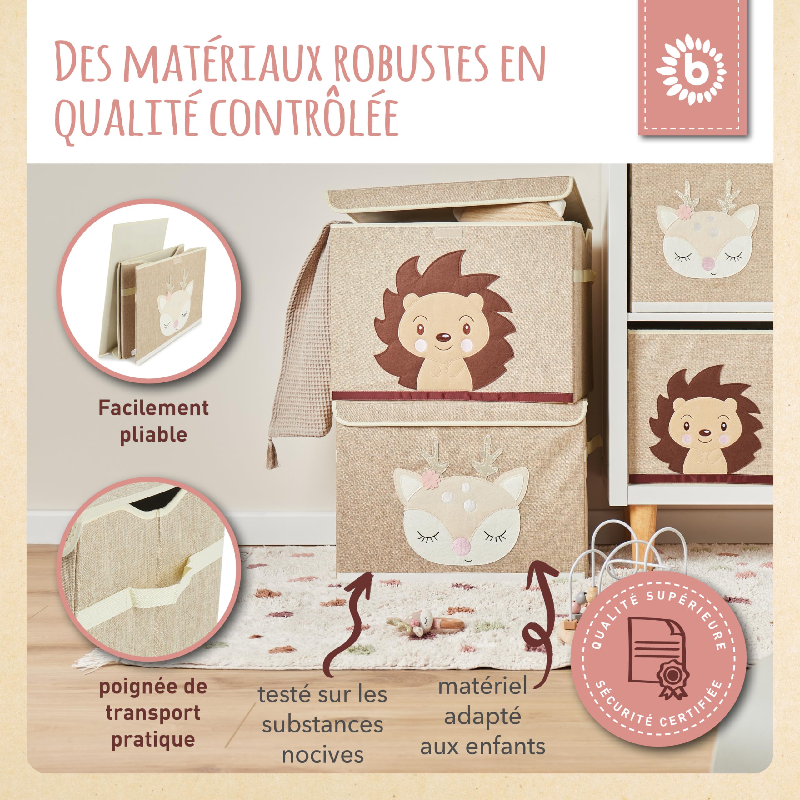Bieco Boîte pliante avec couvercle | 65 litres | env. 36 x 36 x 51 cm | Coffre à jouets | Enfants | Caisses | Grand | Organiseur de table à langer | Chevreuil Ella