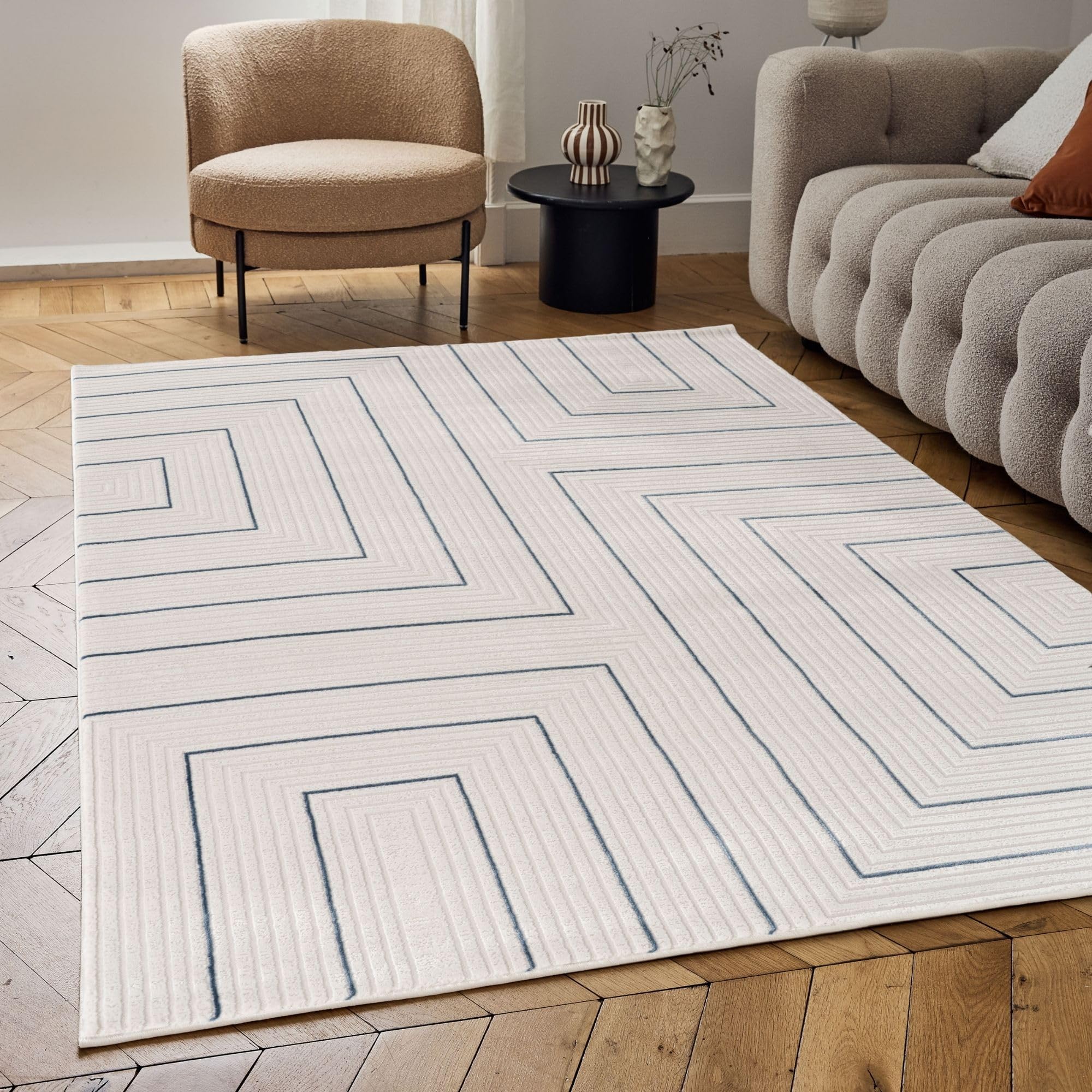THE RUGS Carmel Modern Area Rug - Stain-Resistant, Non-Shedding, Durable Rugs for Living Room and Bedroom [ Geometric Blue, 120x170 cm ]