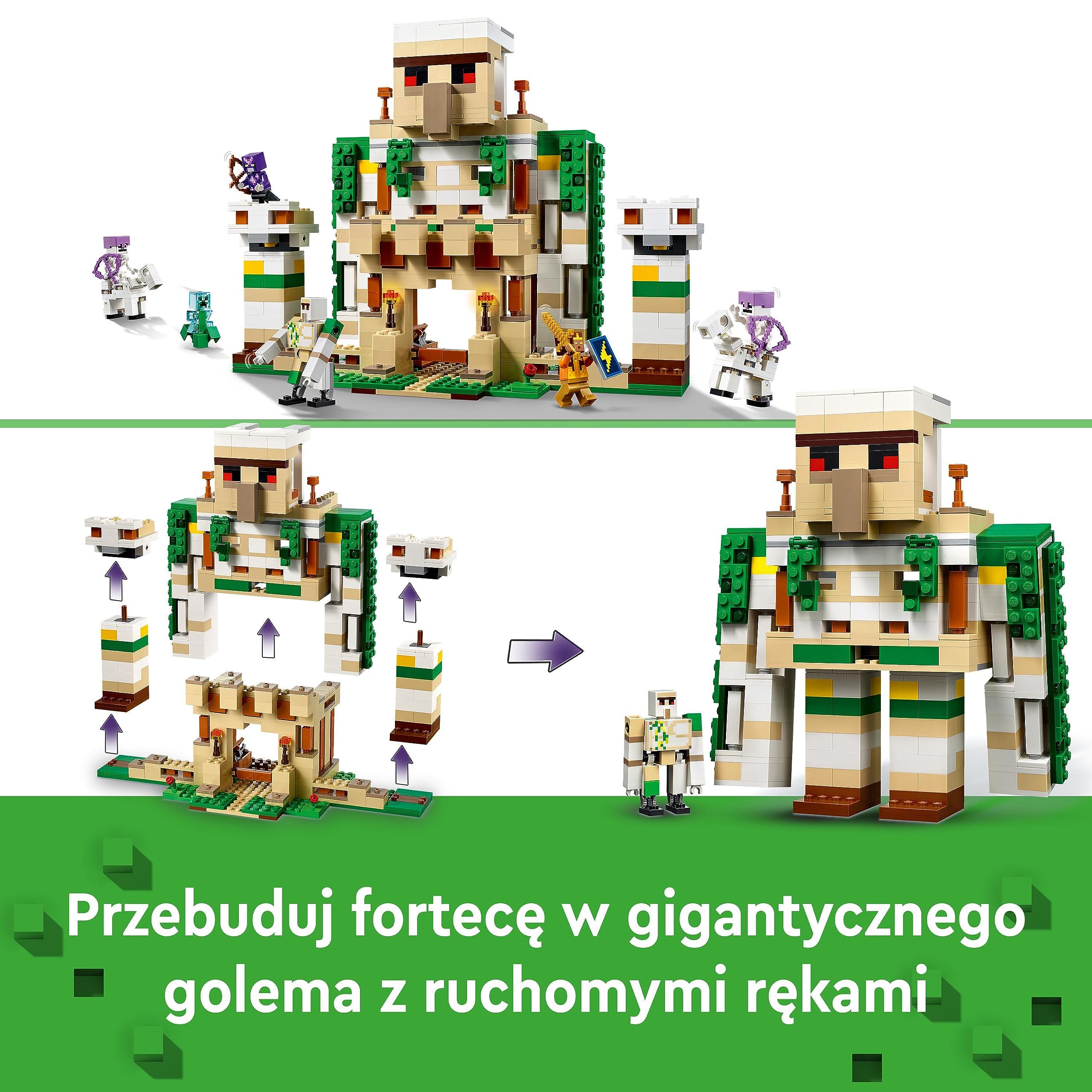 LEGO Minecraft Forteca żelaznego golema, zamek do zbudowania, przekształca się w dużą figurkę, 7 postaci, w tym Kryształowy Rycerz i Naładowany Creeper, zabawka dla dziecka, prezent dla 9-latka, 21250