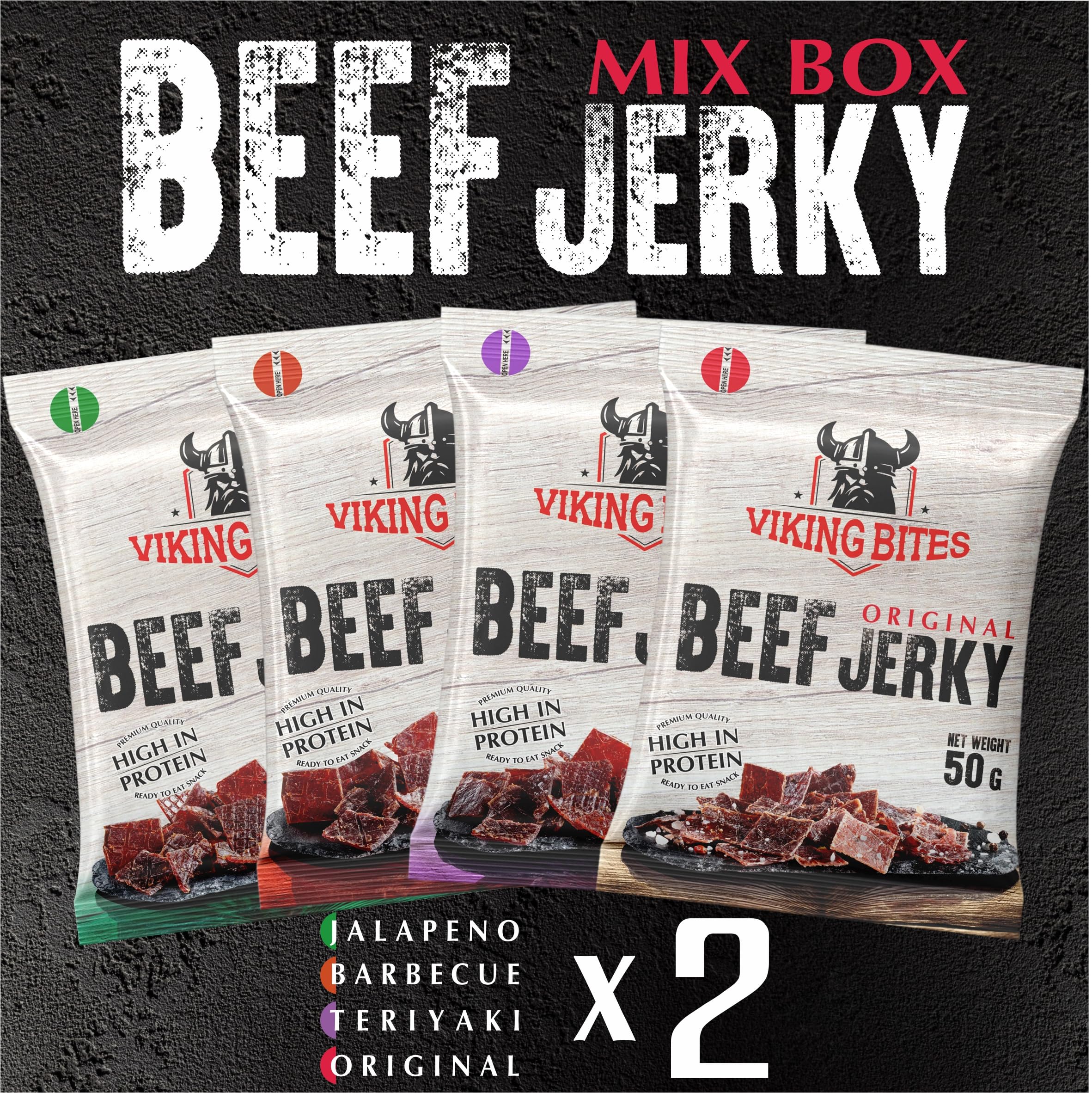 Viking Bites Beef Jerky Mixed box 400 g (8 x 50 g) – 2x Original, 2x Jalapeno, 2x Barbecue, 2x Teriyaki – Manzo essiccato – Snack a base di carne con alto contenuto proteico