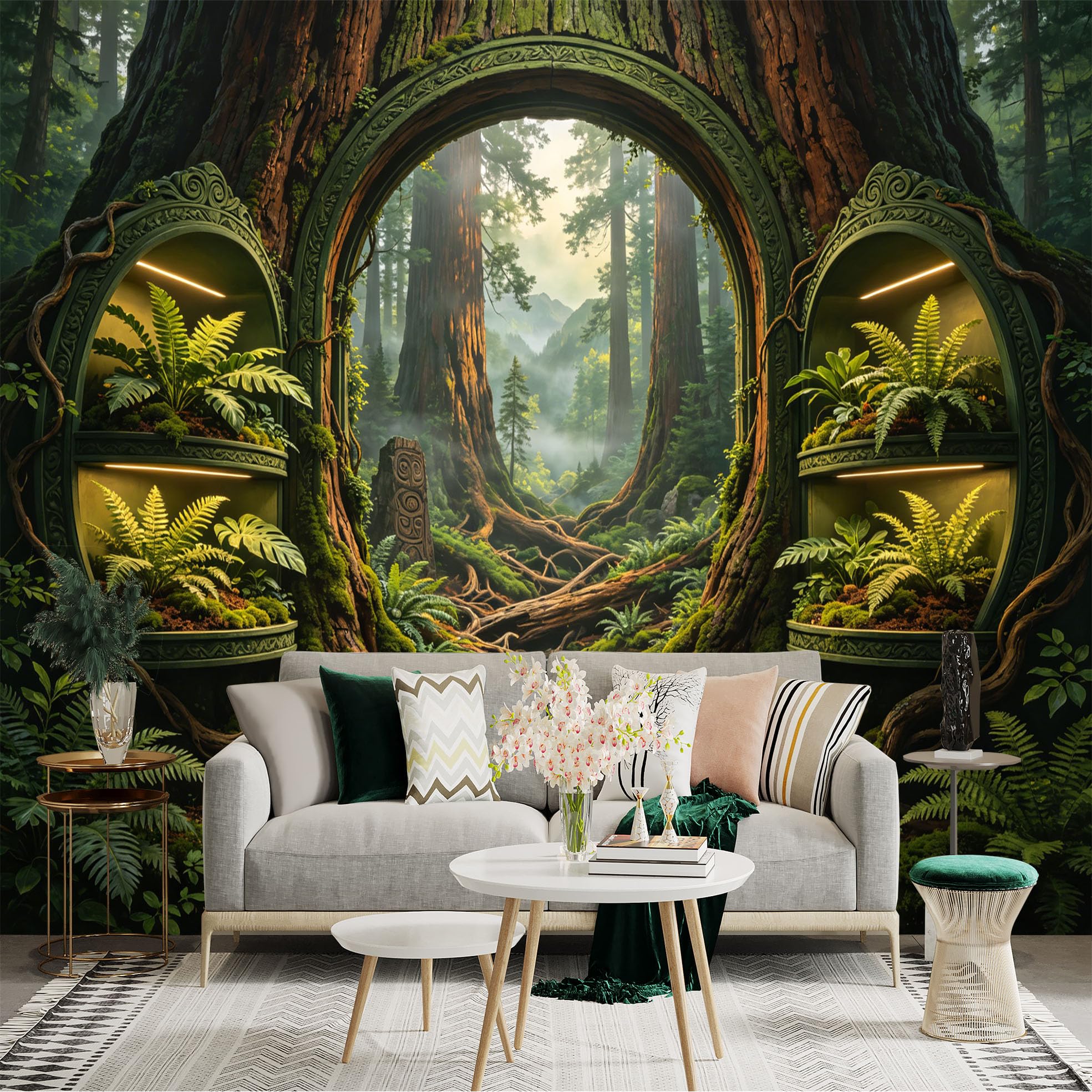 Custom Size Wall Sticker Mural， Enchanted Forest Gate with River， Ferns and Ancient Trees， for wall Decoration， peelandstick wall Decals.