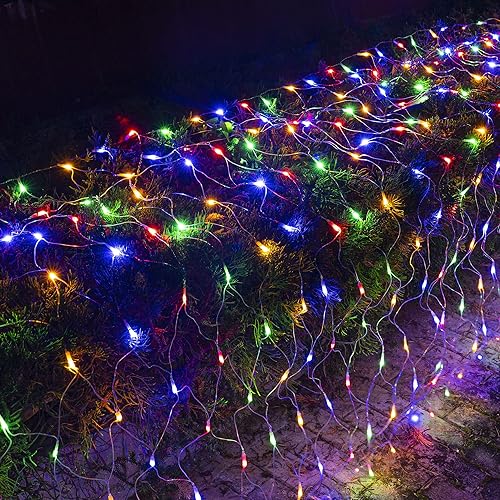 Dazzle Bright Christmas 360 LED Net Lights, 12FT x 5 FT Connectable Waterproof String Lights Clear Wire with 8 Modes, Christmas Decorations for Indoor Outdoor Xmas Yard Garden Decor (Multi Colored)