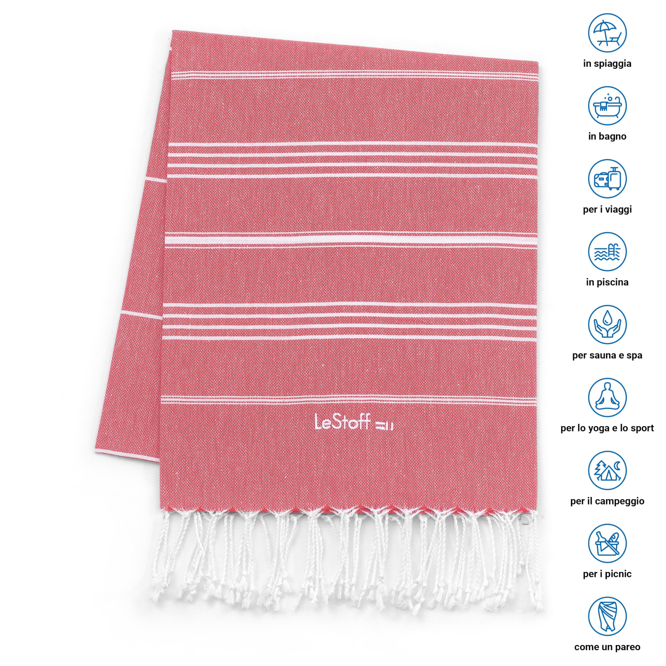 LeStoff Telo mare - 100% Cotone bio, 95 x 180 cm, Prelavato, Assorbente, Asciugatura Rapida, Leggero, Fouta, Telo Spiaggia, Telo Bagno, Telo Yoga, Telo Sauna, Asciugamano Sportivo, Coperta (Red)