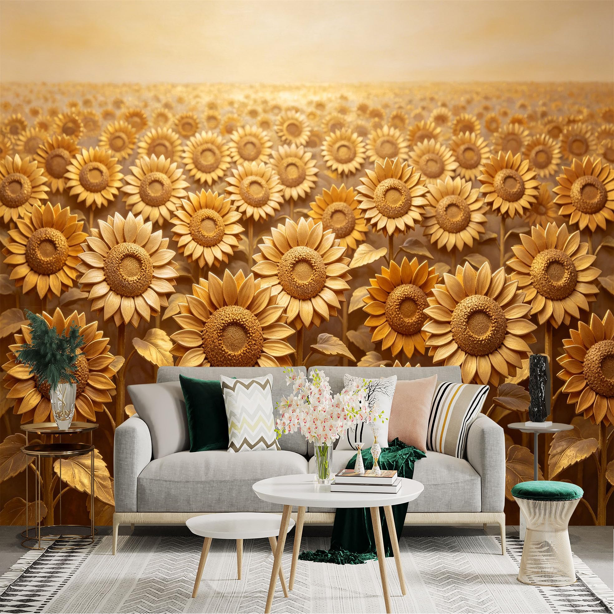 Lnzczhyre Dbh260521917 Custom Size Wall Sticker Mural， Golden Sunflower Field， Radiant Floral Landscape， Nature Botanical Print， For Wall Decoration， Peelandstick Wall Decals.