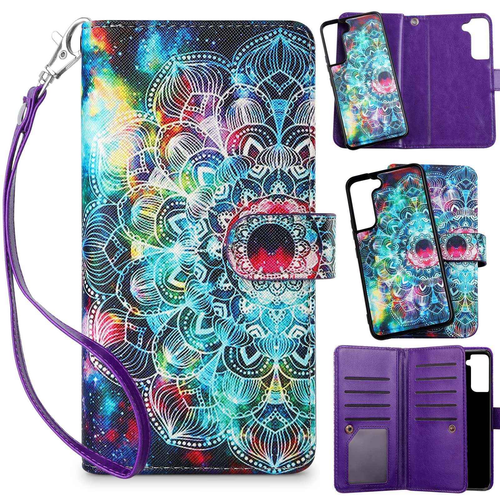 Vofolen for Galaxy S22 Case Wallet Credit Card Holder Slot Detachable Strap 2-in-1 Case for Women Girl Hybrid Protective Slim Hard Shell Magnetic PU Leather Folio Pocket Flip Cover Mandal 5G