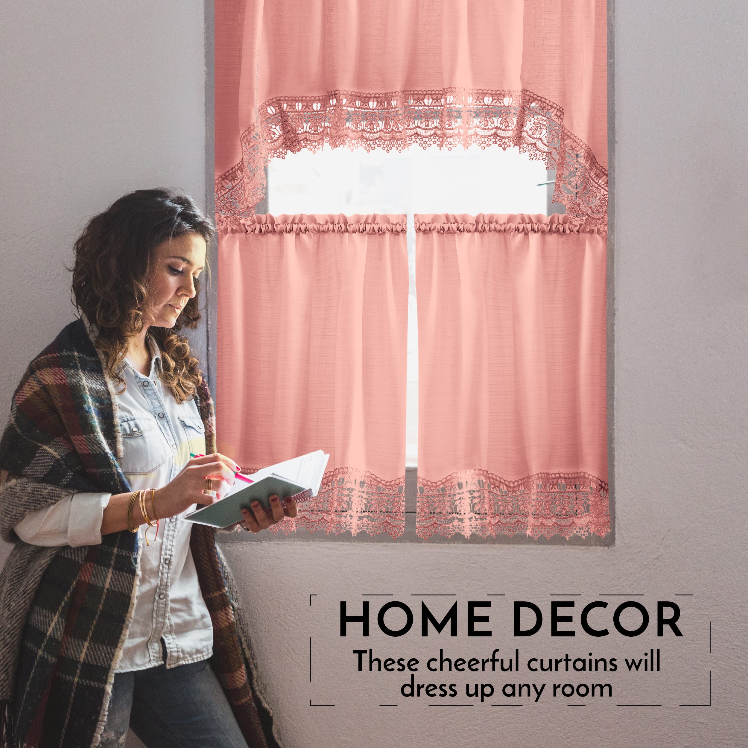 Café Curtains For Kitchen & Bathroom - 3-Piece Set With Valance, Embroidered Lace Trim - View #4
