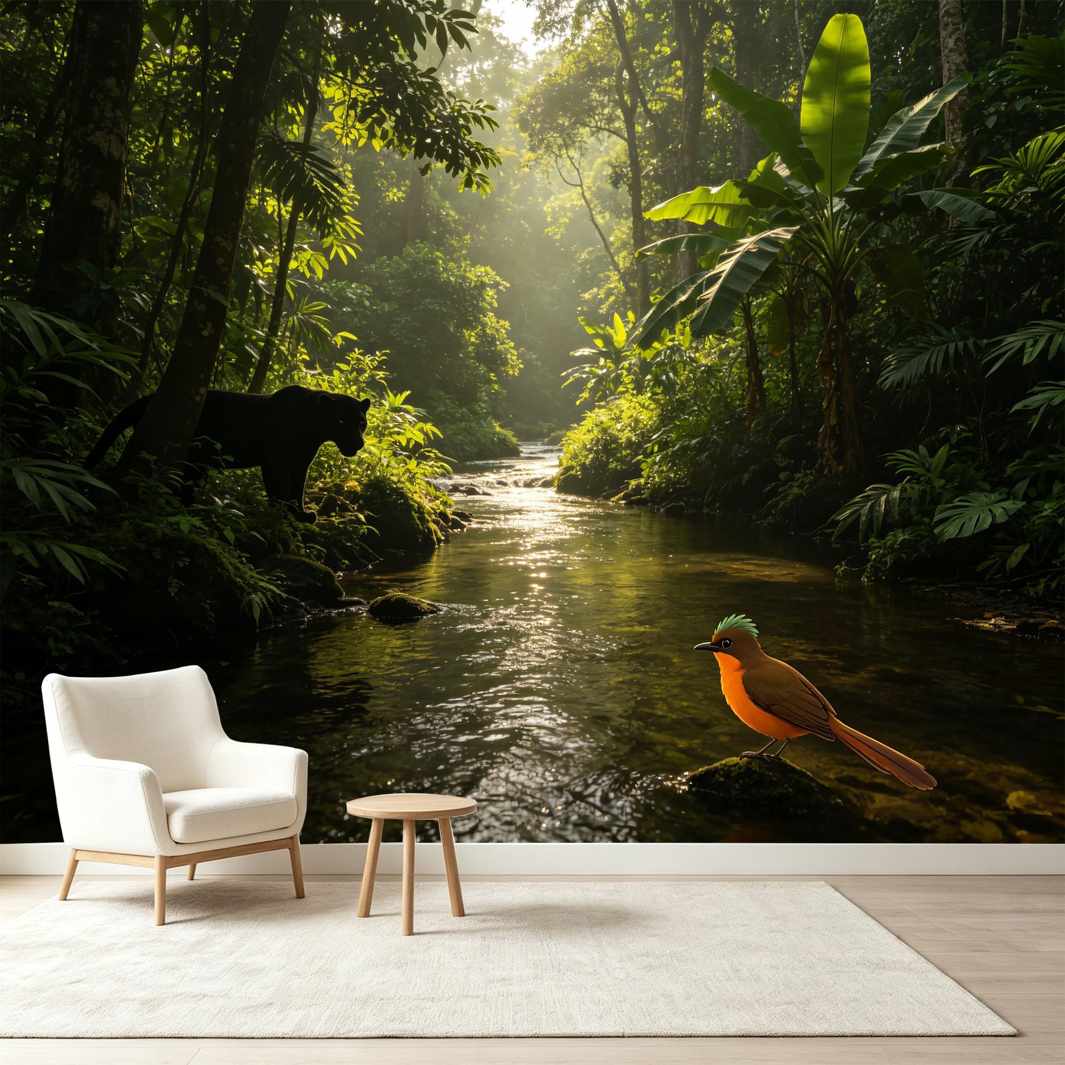 Custom Size Wall Murals Tropical Jungle Rainforest Panther Bird River Water Scenery Self-Adhesive Wall Fabric Removable Wallpaper Wall Decor for Living Room Bedroom Bathroom