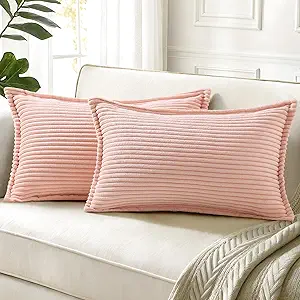 decorUhome Corduroy Pink Throw Pillow Covers 12x20 Set of 2 Decorative Soft Boho Striped Lumbar Neutral Euro Farmhouse Couch Pillow Cases with Broadside for Living Room Bed Sofa
