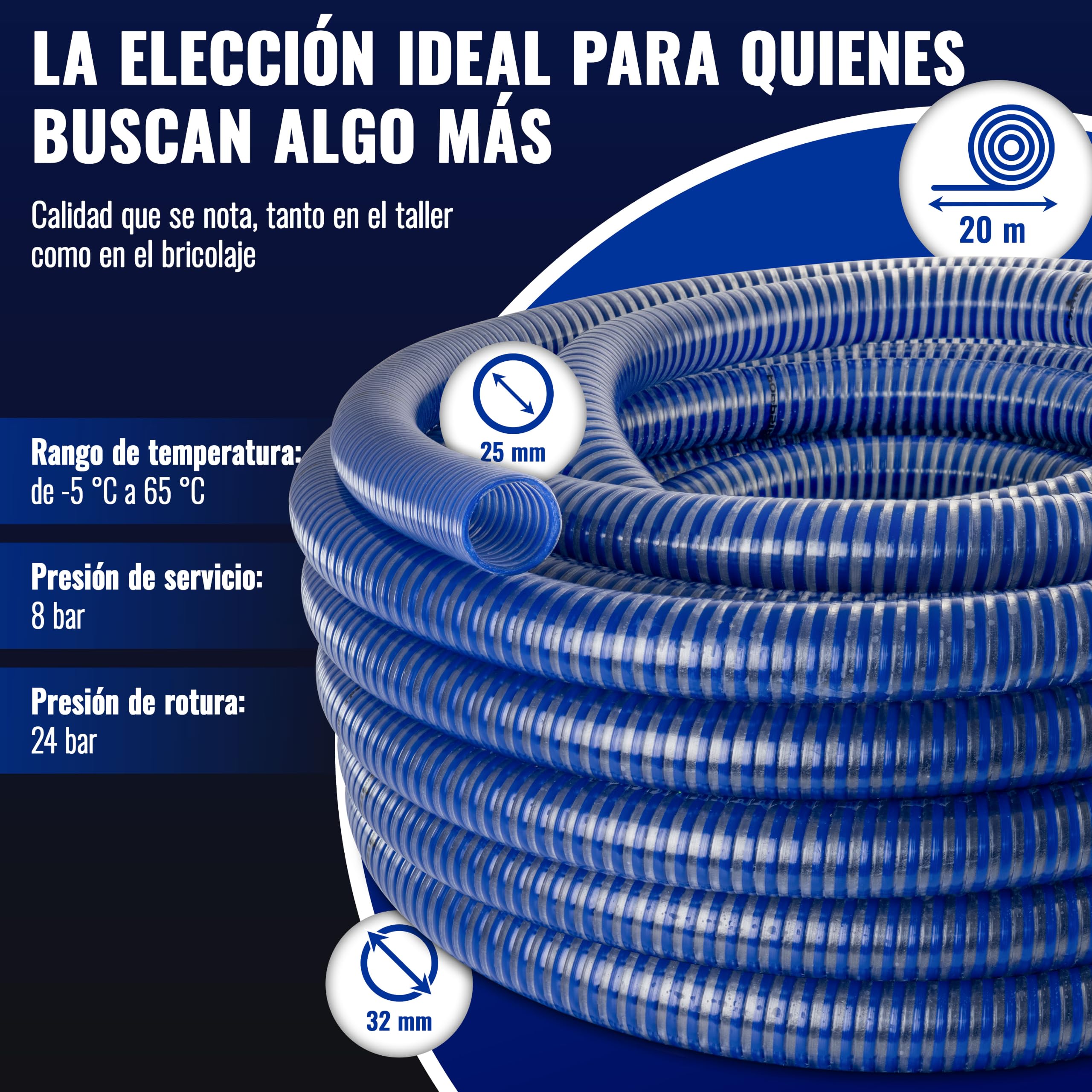 Poppstar PVC Manguera de aspiración 1" Manguera de succión para agua (20m diámetro interior 25mm / diámetro exterior 32mm, hasta 8 bar) resistente a rayos UV, resistente al vacío y a la presión