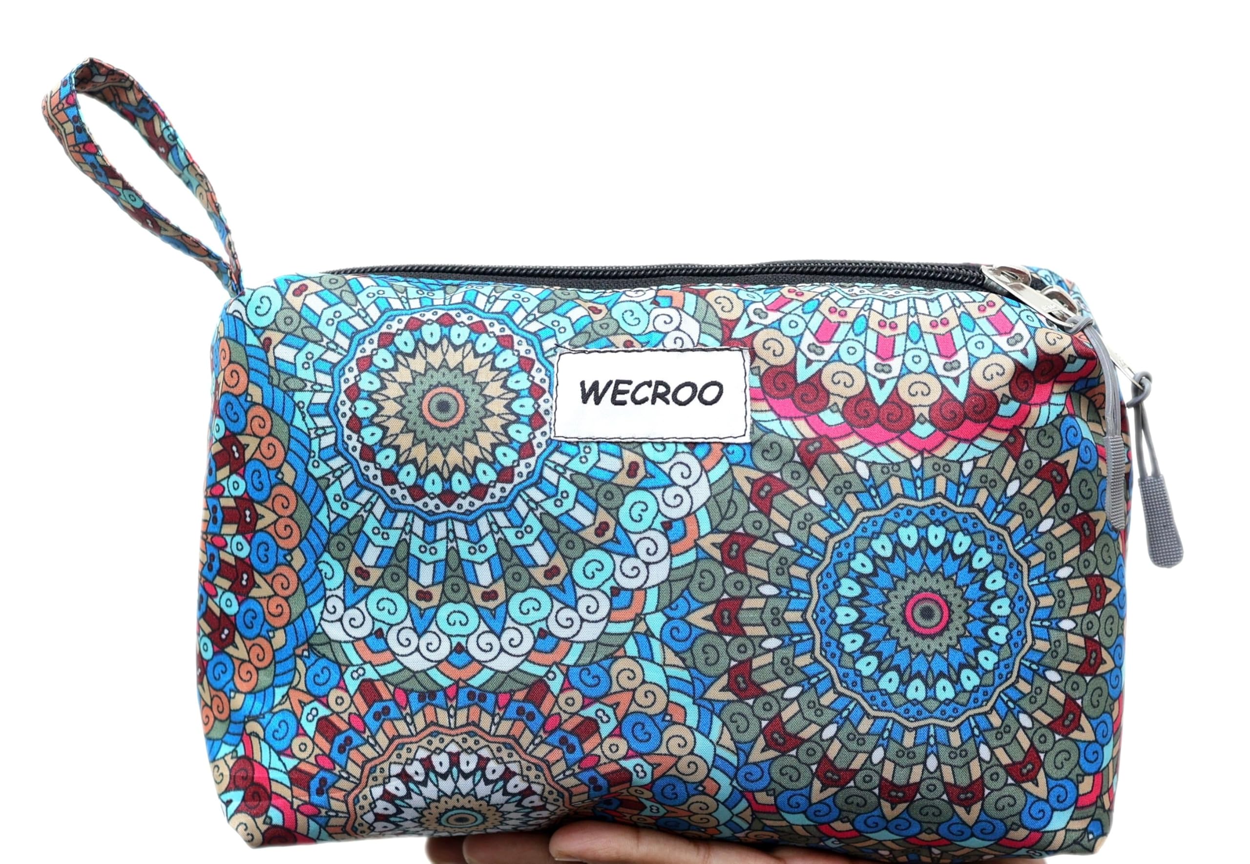 WECROO Mandala Print Makeup Pouch, Cosmetic Travel Small Purse Bag Zipper Cosmetic Pouch Travel Canvas Make Up Organizer Pouch for Women and Girls (Blue Multi Jaipuri Print)-image-11