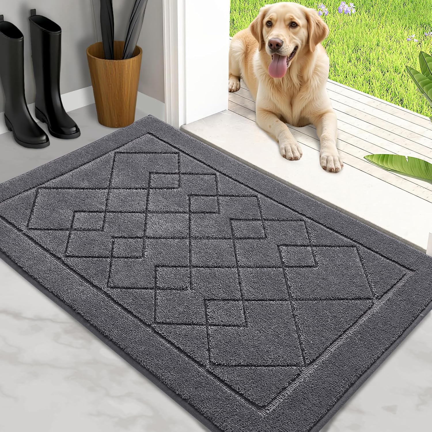 REFETONE Dirt Trapper Door Mat 32" x 40", Washable Indoor Doormat Rubber Backing Non Slip, Resist Dirt and Absorbent Entrance Mat, Low Profile Inside Floor Mats for Front Back Door and Entryway, Grey
