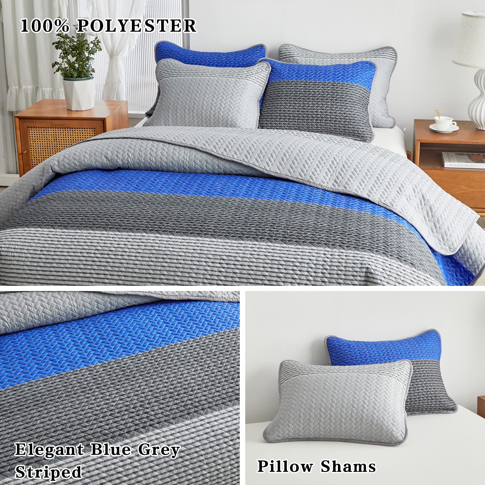 FlySheep Boho Striped Quilt Set King Size, 3 Pcs Blue and Grey Reversible Bedspread, Brushed Microfiber Coverlet for All Season, 1 Quilt + 2 Pillow Shams
