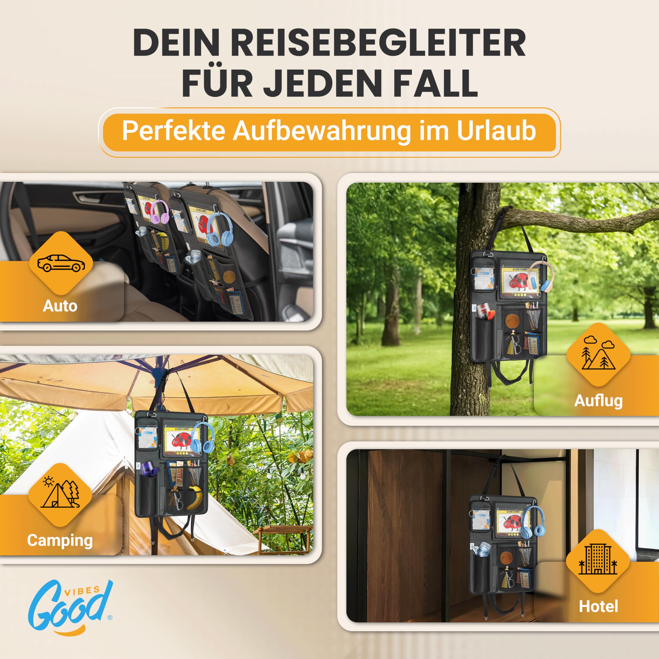 Good VIBES® 2 organizer per seggiolini auto per bambini, 45 x 60 cm, per tablet, borraccia, giocattoli e altro ancora, organizer regolabile per sedili posteriori per bambini con cintura extra lunga