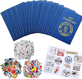 Sureio 348 Pcs Kids Passport Book with Assorted Travel Stickers for Passport Party Favors Scrapbooks Wall Decals Arts Crafts School Supplies Game Prizes Collections for Boys and Girls