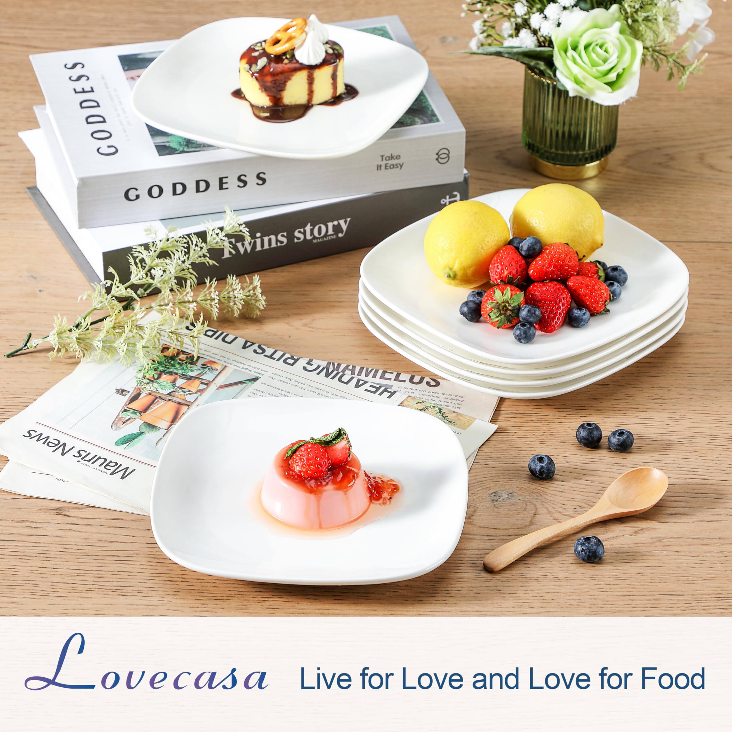 LOVECASA Porseleinen dessertborden, 6-delige set taartborden, vierkant met afgeronde hoeken, porseleinen tafelservies, platte borden voor ontbijt, 19 x 19 x 2,5 cm (h x b), witte kleur