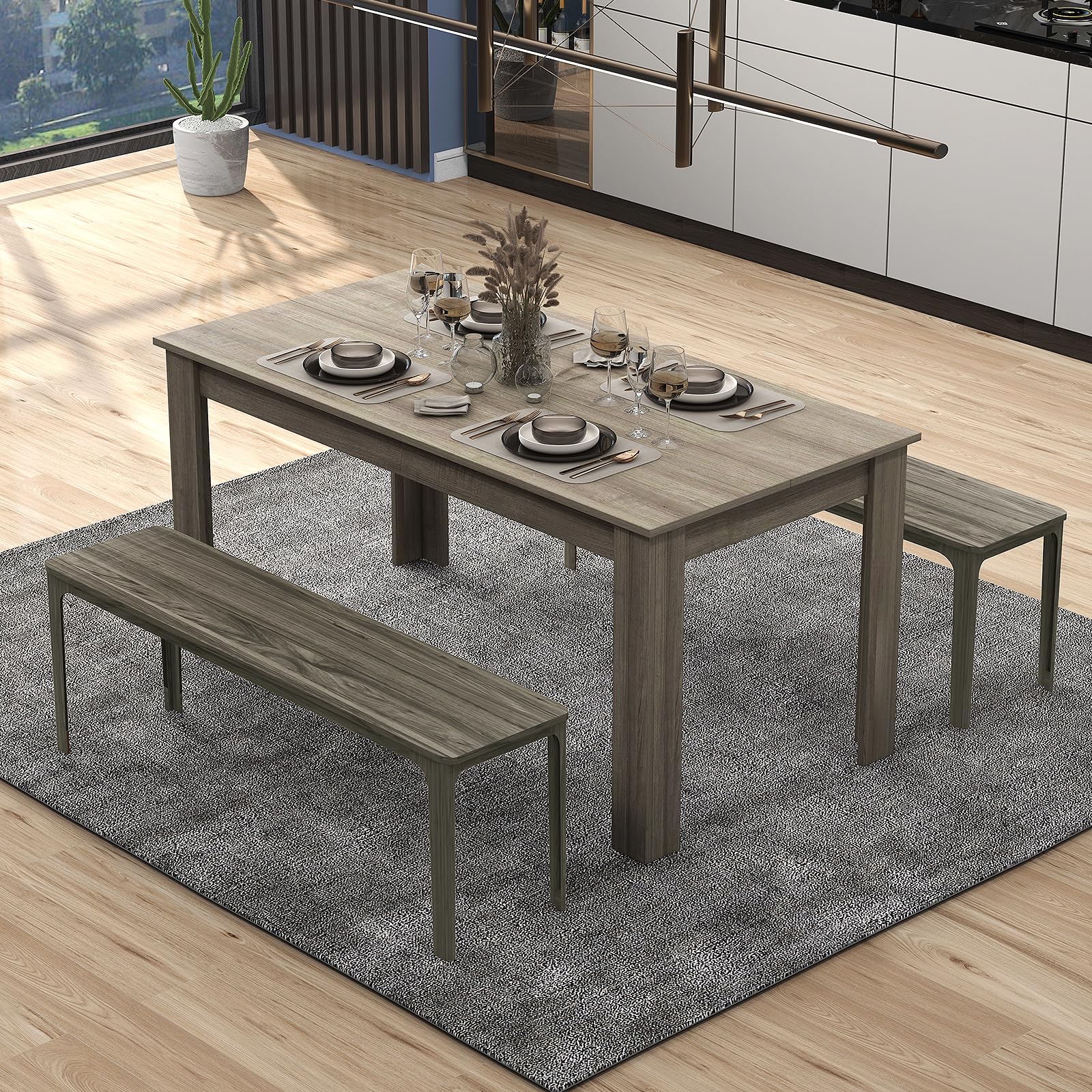 GIANTEX Tavolo da Pranzo da 160 cm per 8 Persone, Tavolo da Pranzo Fisso con Robuste Gambe a L, Tavolo Moderno per Cucina e Sala da Pranzo, Nero (Grigio)