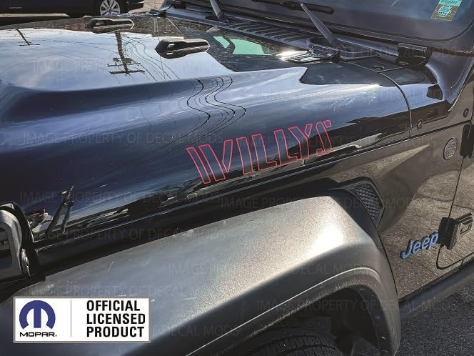 Decal Mods Red & Black Willys Hood Graphic Decal Sticker fits Jeep Wrangler JK & JL (2007-2024) Black with Red Outline (Set of 2) | FK2G2