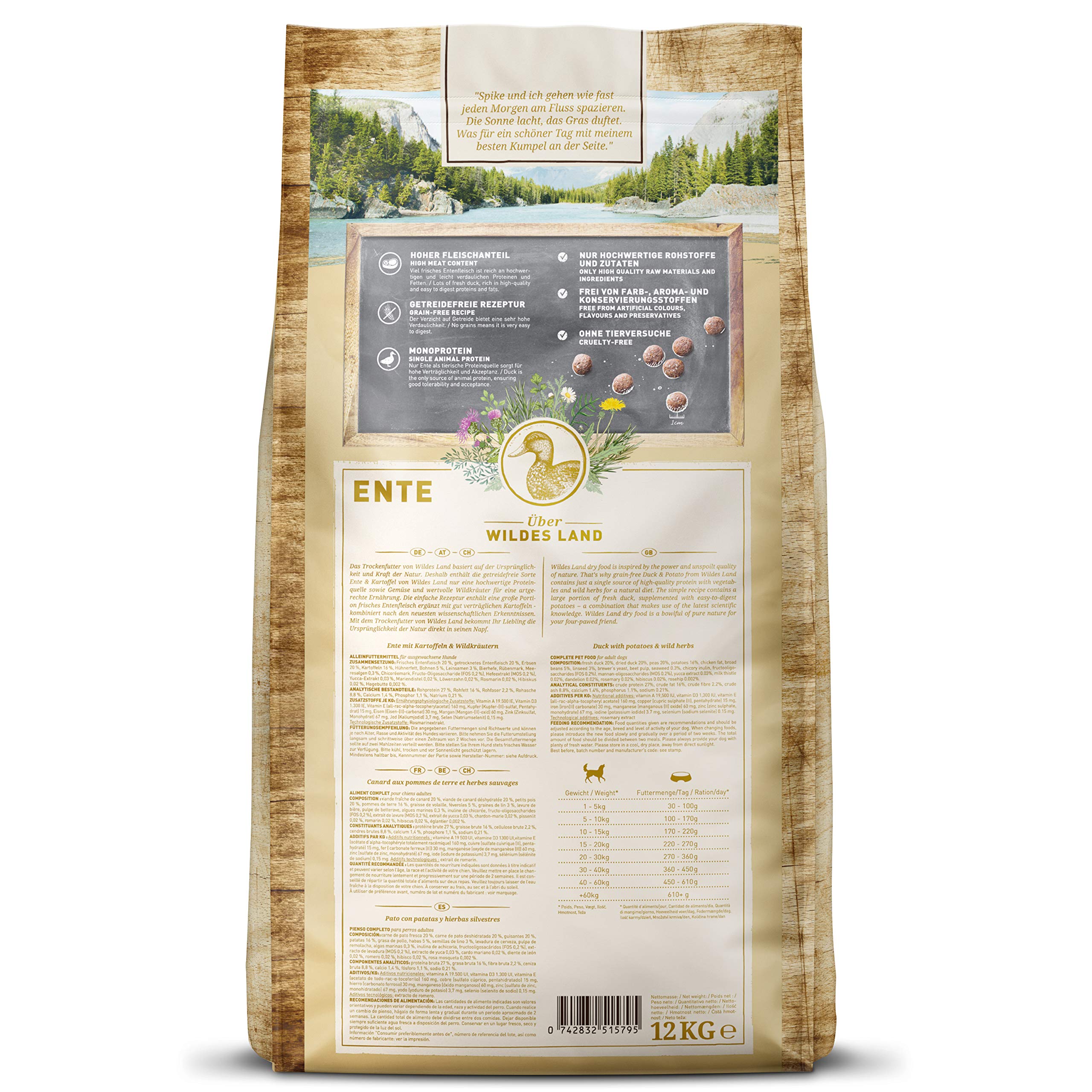 WILDES LAND – Ente | Trockenfutter mit extra hohem Fleischanteil und natürlichen Zutaten für ausgewachsene Hunde. Alleinfutter ohne Zusatzstoffe im Beutel | 12kg Ente