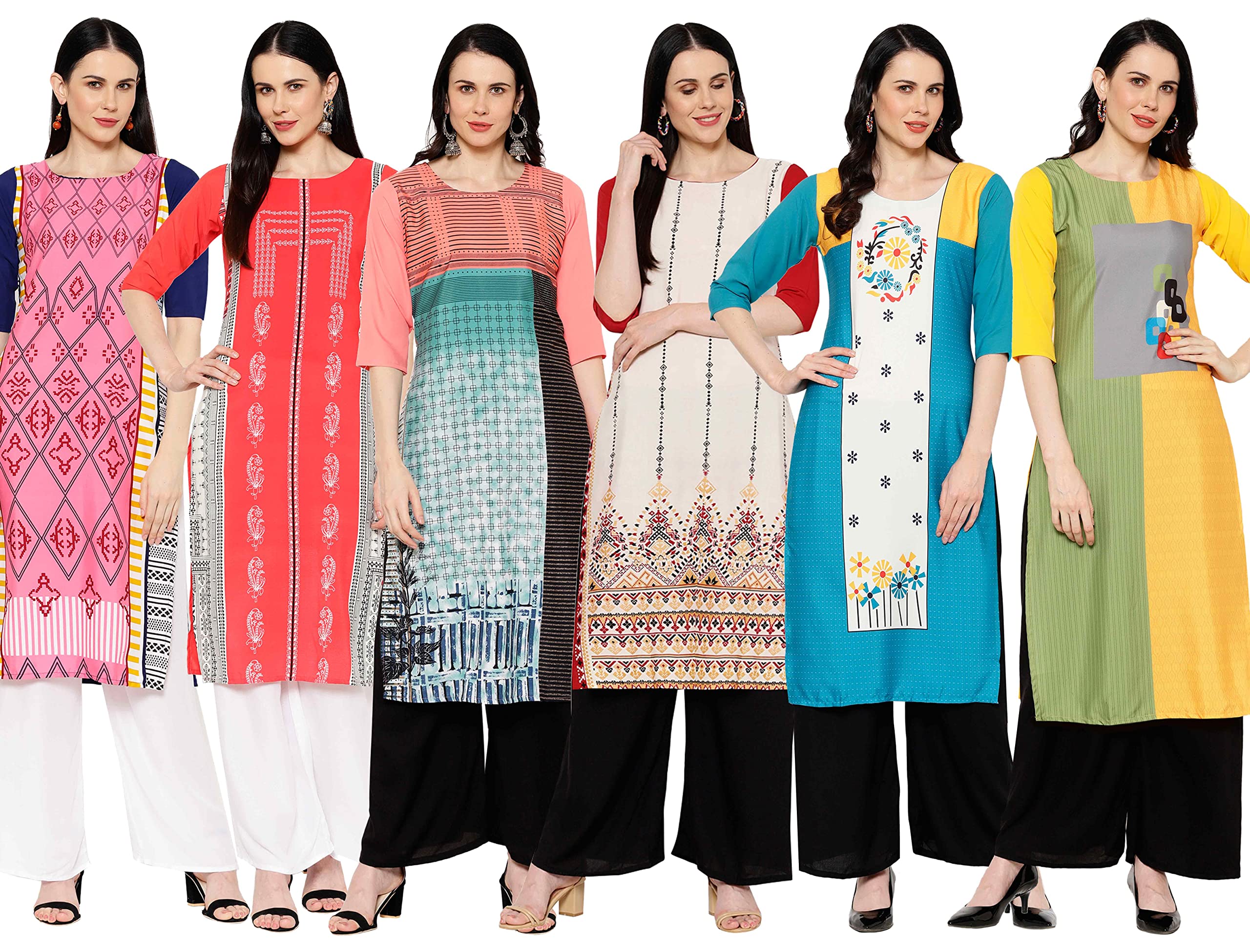 1 Stop Fashion Crape Multicolor Digital Print Stright Kurtas/Kurtis (Pack of 6)