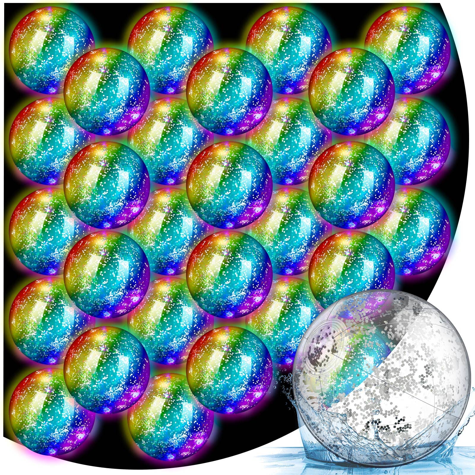 Ceenna 36 Pcs Light Up Beach Ball 8 Inch LED Beach Ball Inflatable Glitter Confetti Beach Ball Glow in The Dark Beach Balls Transparent Beach Balls for Summer Beach, Pool and Party Favor (Silver)
