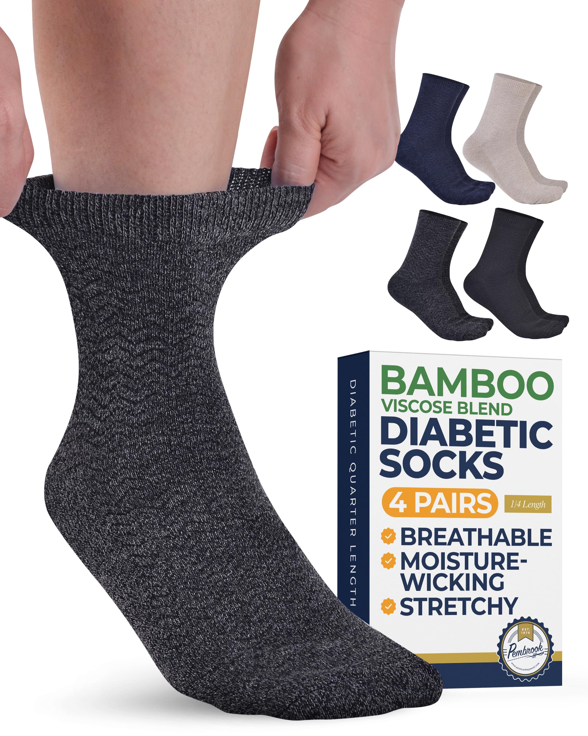 Pembrook Ankle Diabetic Socks for Women & Men - 4 Pairs Bamboo Viscose Smooth Toe Seams, Non Binding, Moisture-Wicking, Wide Top Loose Socks, Quarter Length, Zigzag (Black, Navy, Tan, Dark Gray)OEKO-TEX STANDARD 100
