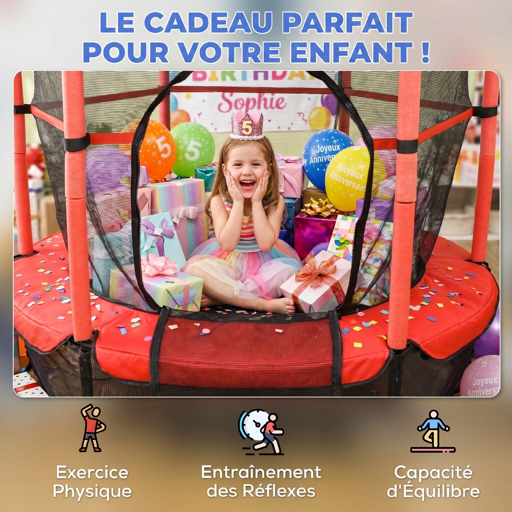 HOMCOM Trampoline Enfant Ø 1,63 m Filet de sécurité Porte zipée Couvre-Ressorts 6 poteaux rembourrés Inclus