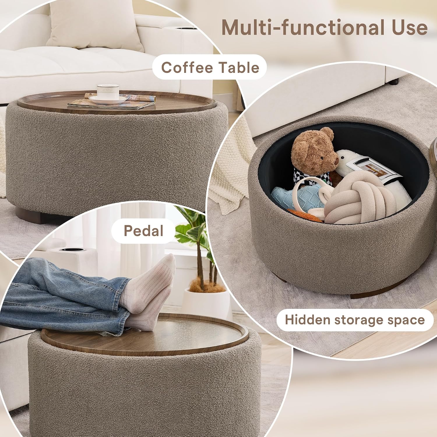 29.5-Inch Round Coffee Table Ottoman with Storage, Multi-Functional Storage Ottoman and Stylish Coffee Table (Teddy Fleece Brown)