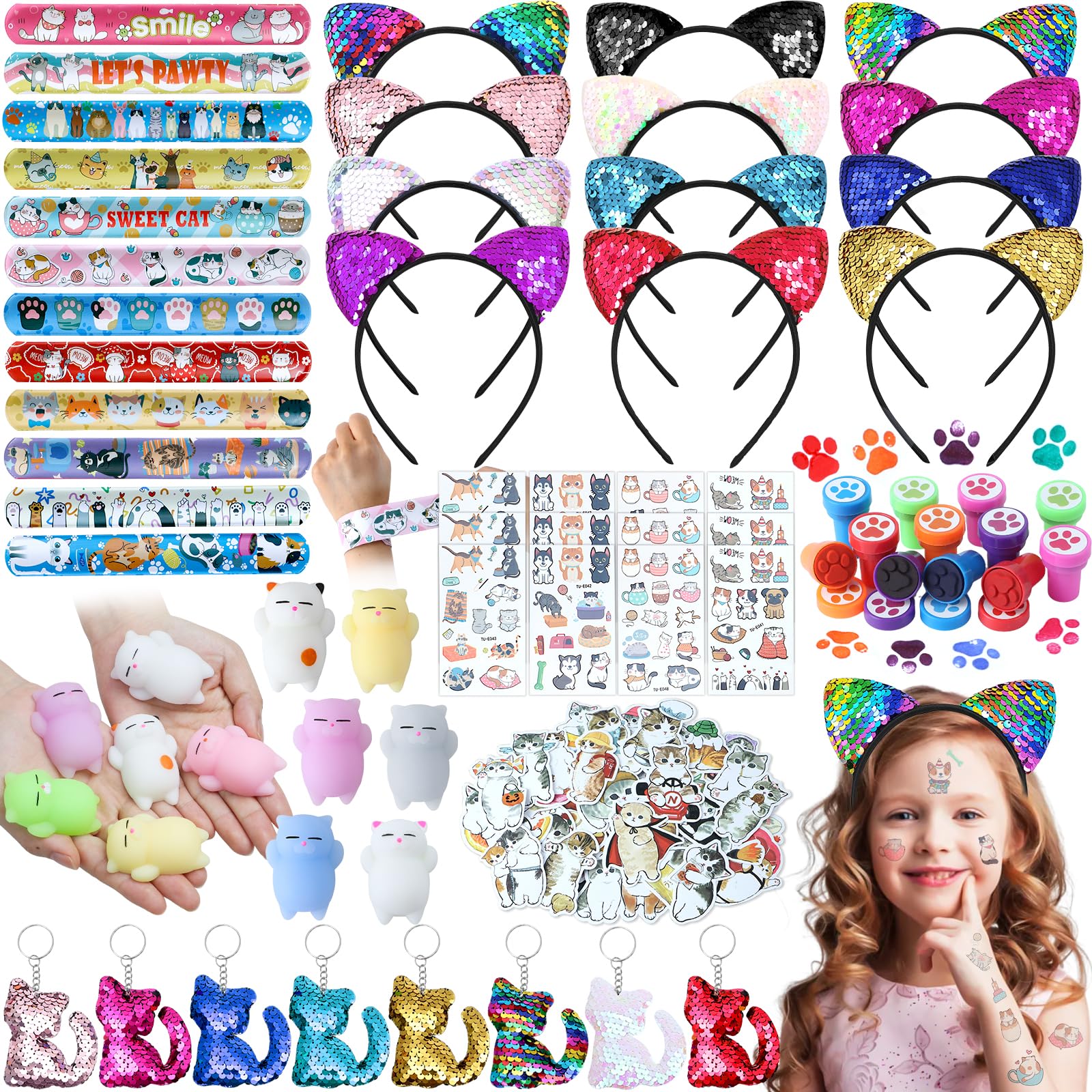 SNLN Cat Party Favors Birthday Supplies for Girls Sequin Headband Squishy Toy Keychain Tattoo Sticker Stamper Slap Bracelet Cat Sticker Goodie Bag