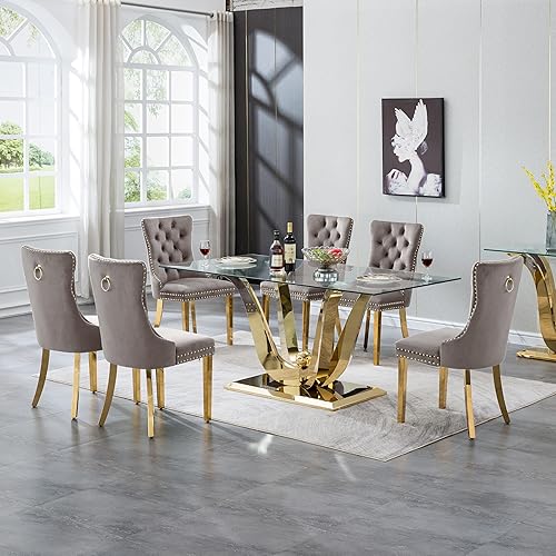 Miniatura 24 de Juego de 5 mesas de comedor de cristal plateado, mesa rectangular moderna de cocina y comedor de 70 pulgadas para 4, mesa de comedor de vidrio Mesa