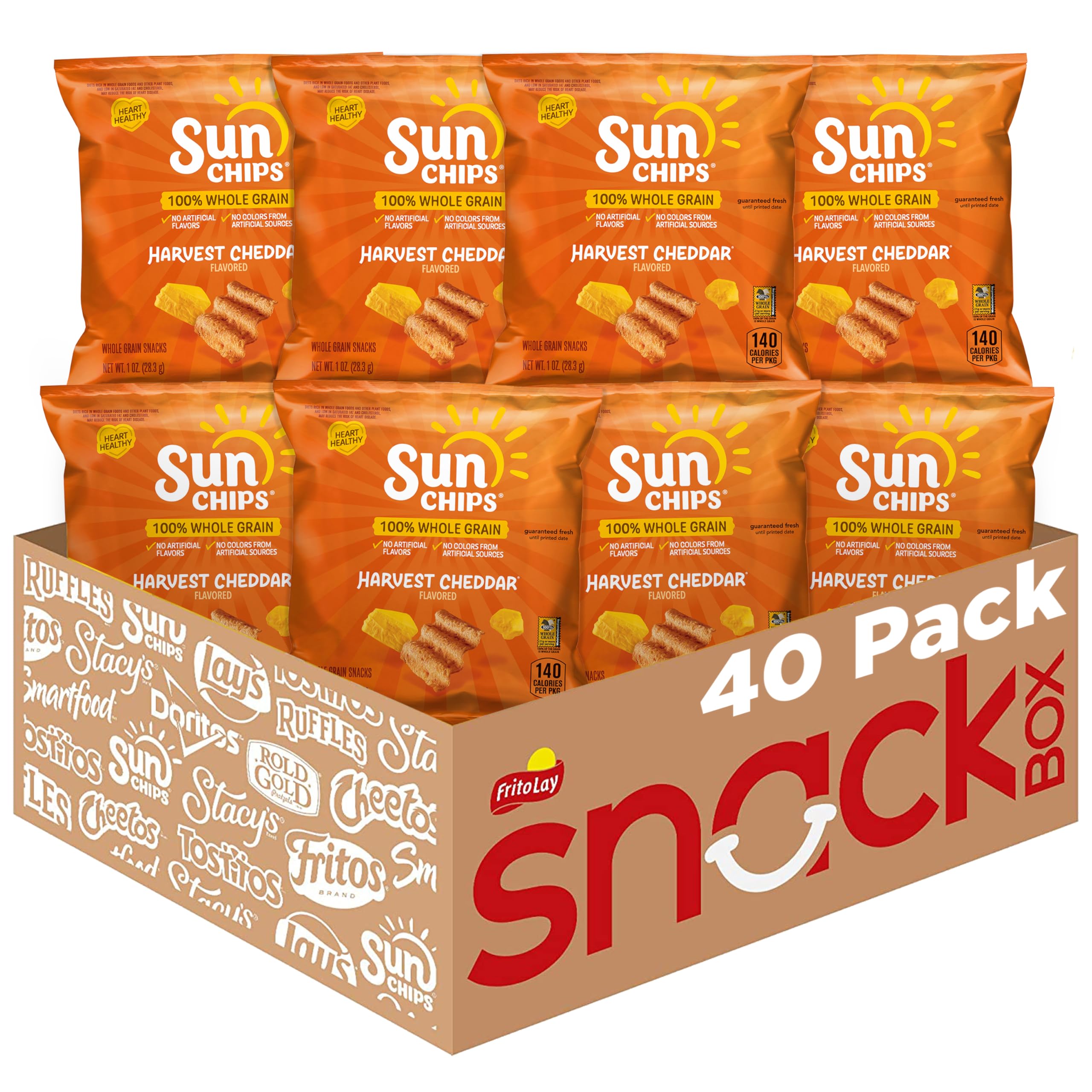 SunChips 100% Whole Grain Chips, Harvest Cheddar, 1 oz Bags, Pack of 40, No Artificial Flavors, No Colors from Artificial Sources