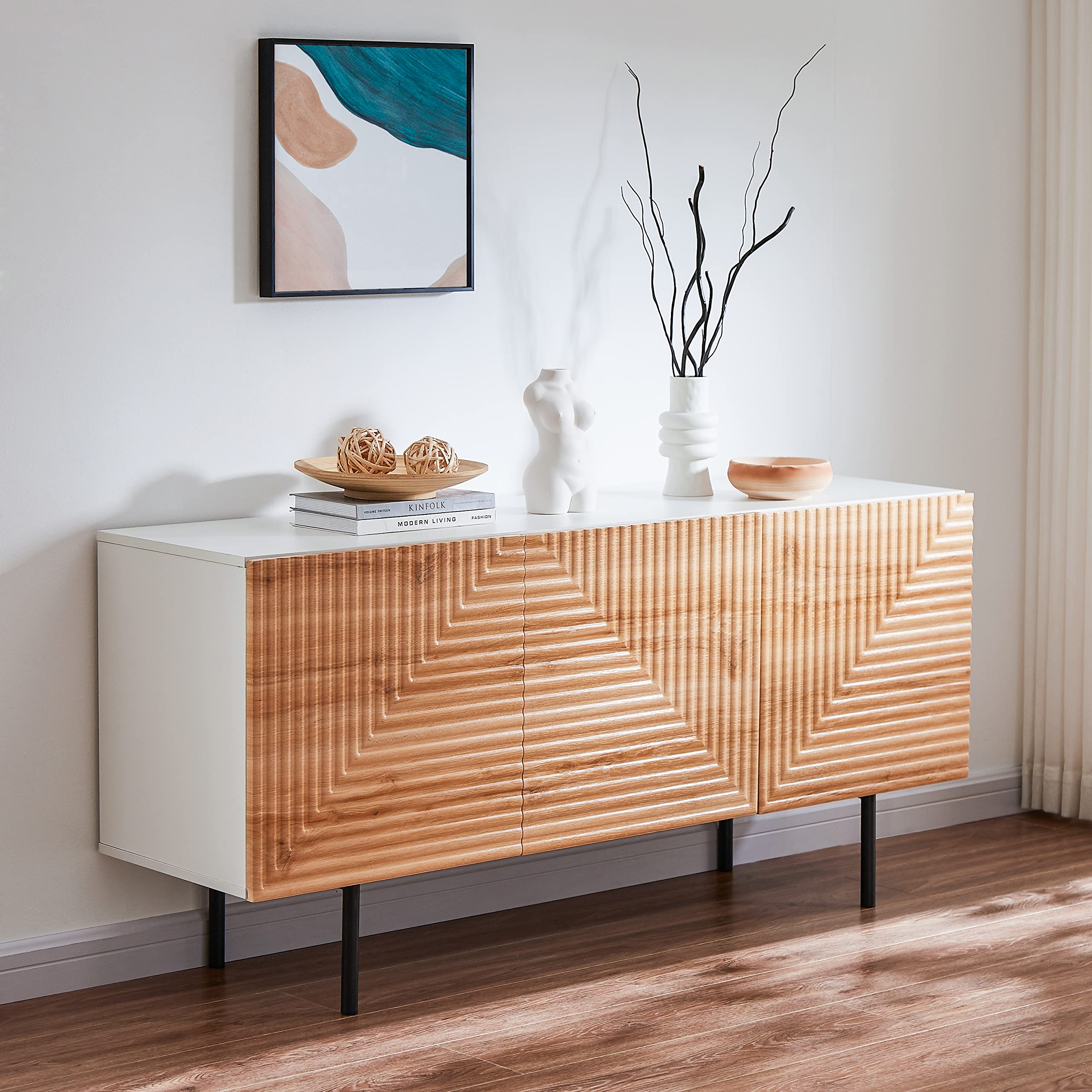 roomfitters Mid Century Modern TV Stand for TVs up to 65", Buffet Cabinet Sideboard Credenza, Media Console Entertainment Center for Living Room, Poplar Wood Print Carved and Geometric Design