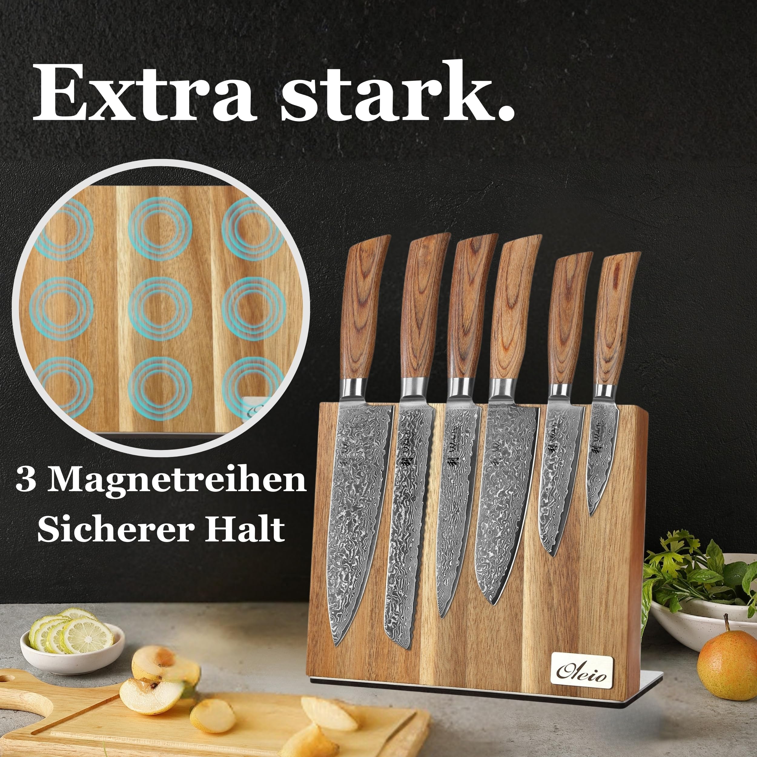Wakoli EDIB Pro Messerblock Set mit 6 Damastmessern, 67 Lagen, VG10-Kern | Enthält Chefmesser, Brotmesser, Fleischmesser, Santoku, kleines Santoku und Officemesser sowie magnetischen Akazienholzblock
