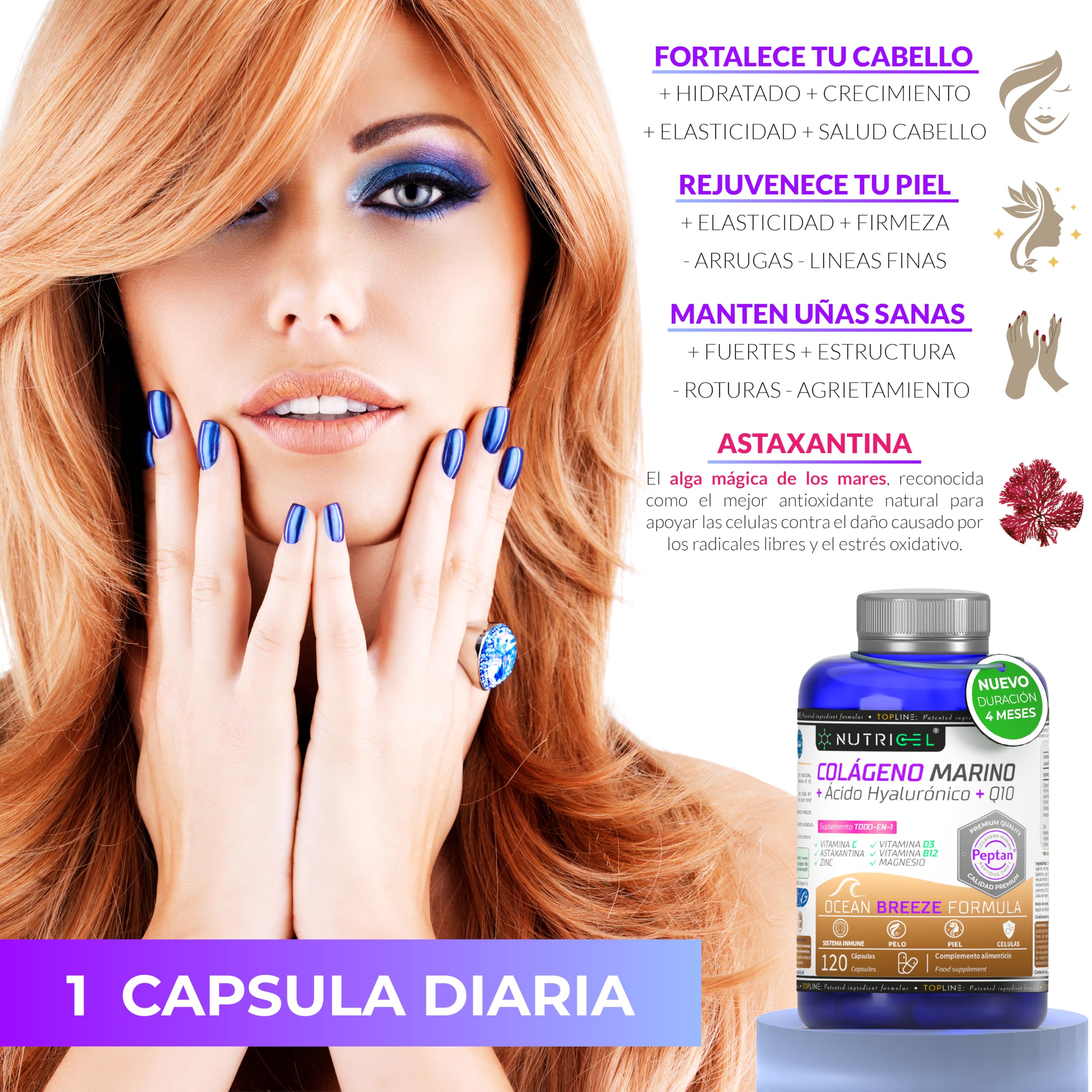 Colágeno Marino Hidrolizado Peptan® + Ácido hialuronico + Magnesio + Astaxantina + CoQ10 + Zinc + Vitaminas C, D3 y B12 - Articulaciones Fuertes, Piel Tersa y Energía - Probada en laboratorio