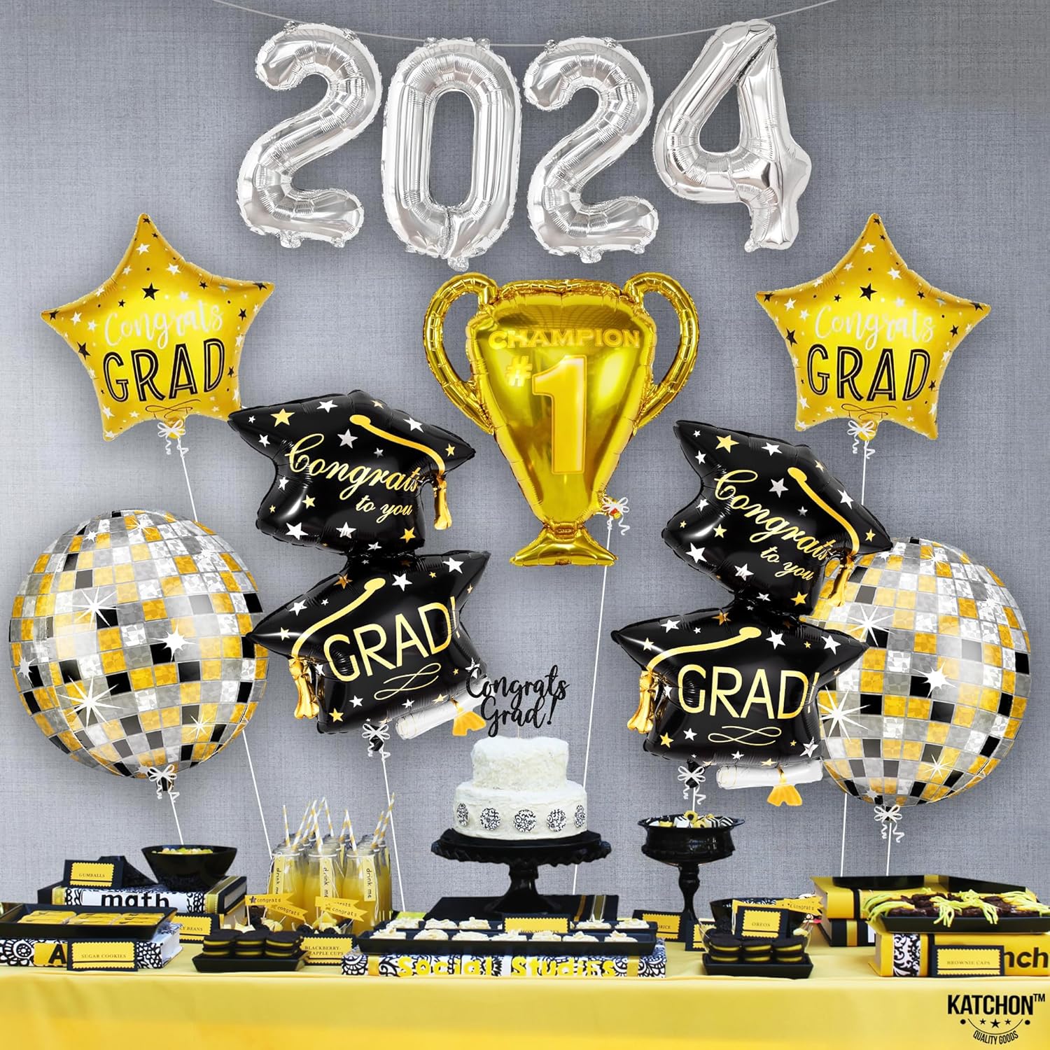 Cledeco Decoraciones De Graduación De Clase De 2025, Juego Temático Negro Y Dorado Con Bandera, Kit De Globos, Número De Aluminio 2025 Para Suministros De Fiesta De Graduación