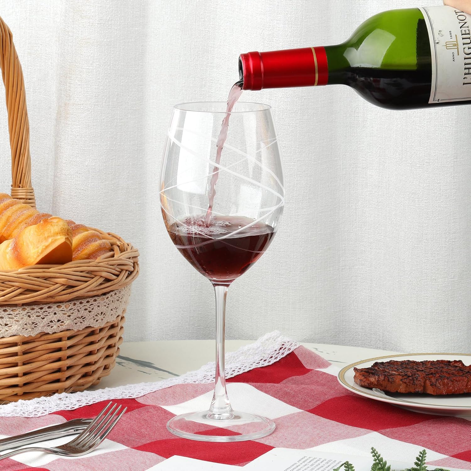 Joeyan Hand Blown Etched Red and White Wine Glasses,Stemmed Glasses with Stripes and Dots Pattern,Clear Carved Long Stem Glassware Set for Wine Tasting Birthday Anniversary Wedding,19 oz,Set of 4 - Image 5