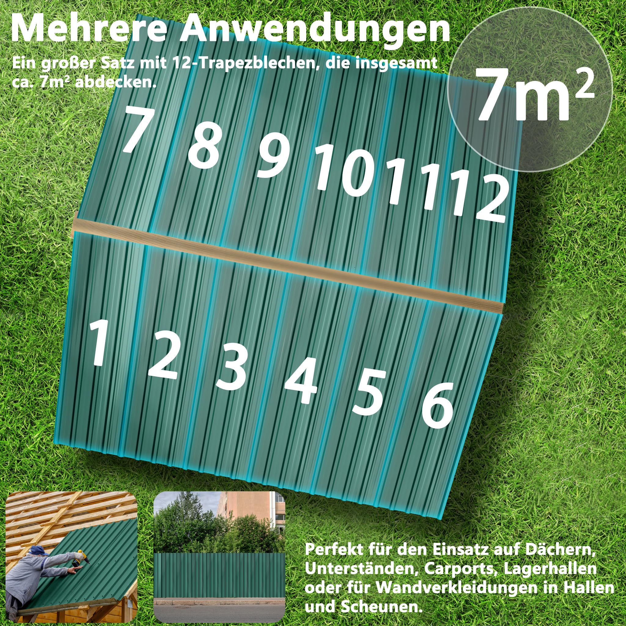 YRHome 12 piezas de tejas para techo trapecio 129,5x45cm chapa de acero forma chapa placas para techo resistente a la intemperie para garajes chapa galvanizada para techo tipo A verde incl. tornillos