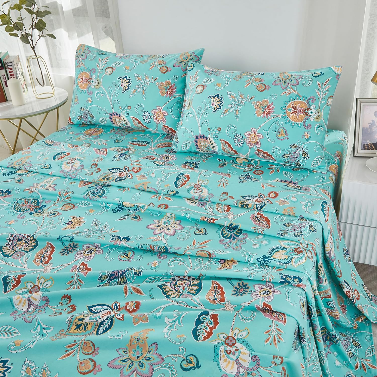 Brandream ラグジュアリーペイズリーシーツセット キングサイズ 寝具 ボヘミアン フローラル ベッドシーツ ビンテージ寝具コ