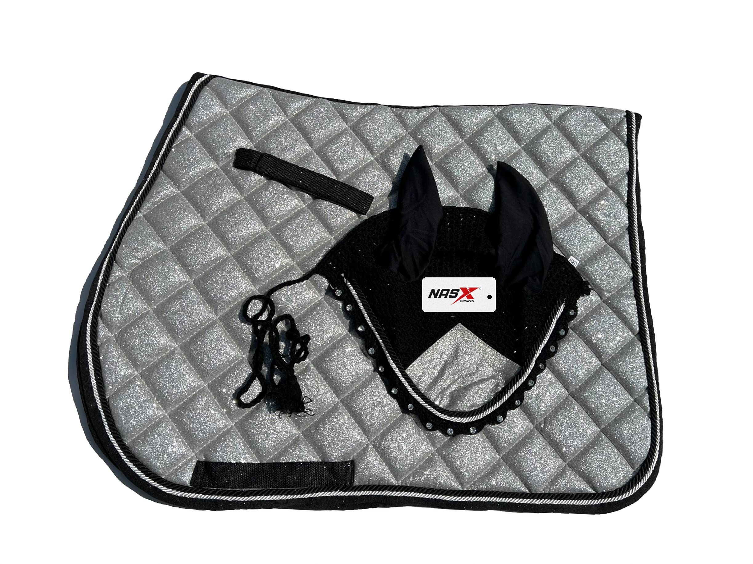 Glitter Saddle Pad Shining Shimmer Saddlepad Set with matching Fly Veil Bonnet Set Padded Earnet (FULL, Silver)