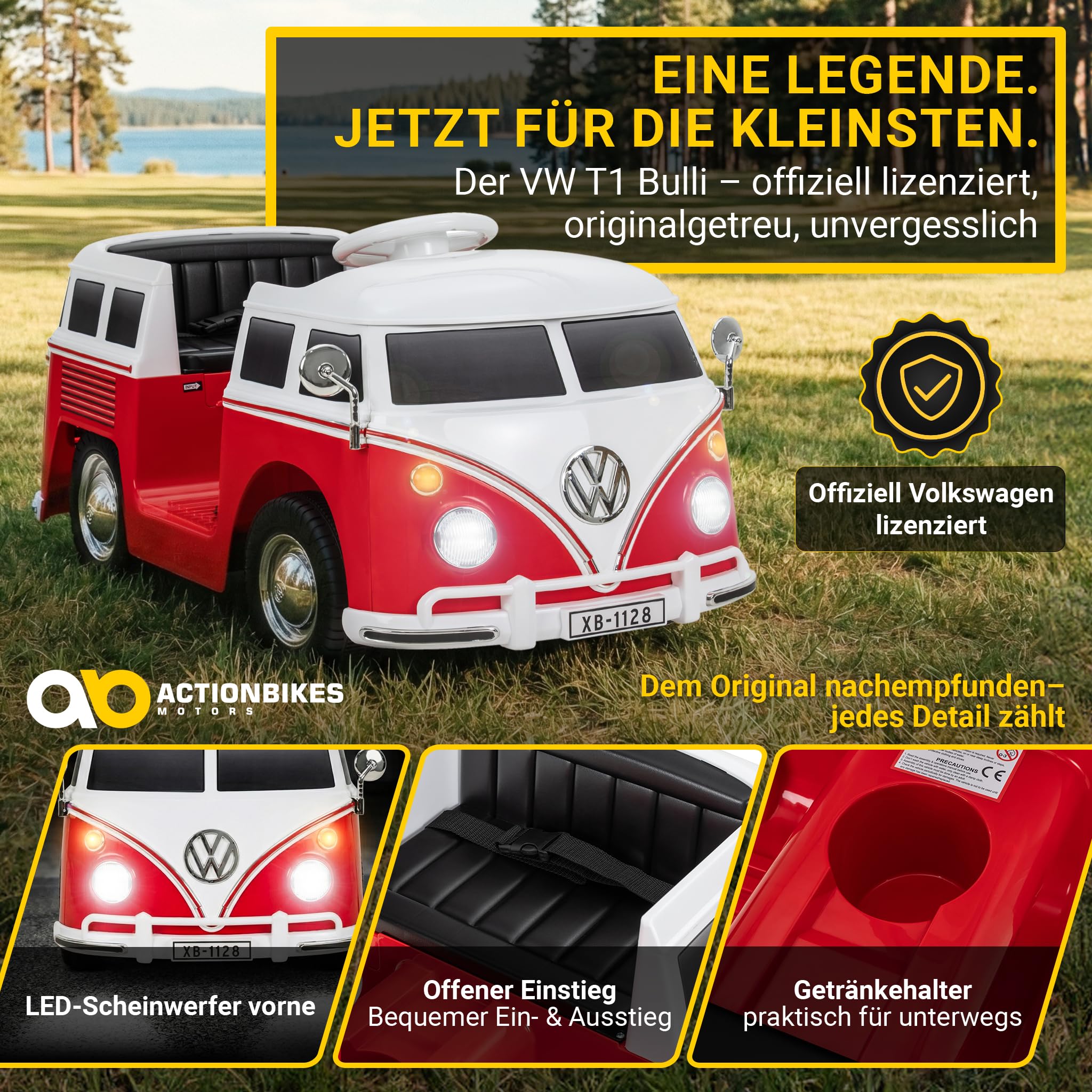 Actionbikes Motors Kinder Elektroauto VW T1 Camper Bus | 2,4 Ghz Fernbedienung - Lizenziert - Spielzeugauto - Kinderauto elektrisch - Elektrofahrzeuge - Elektro Auto für Kinder ab 3 Jahre (Rot)