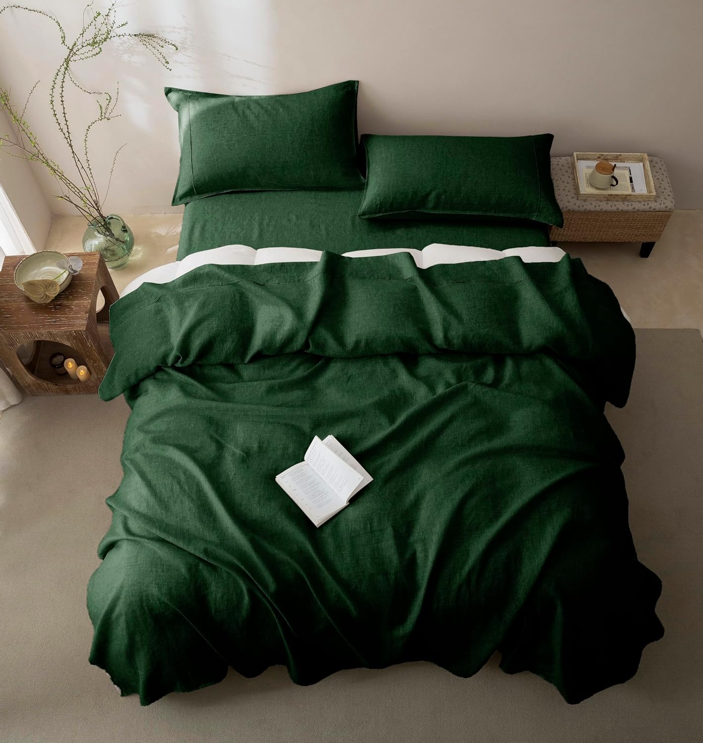 Talasily 100% French Pure Linen Sheets Set Twin Size,Oeko-TEX Certified Bedding, All-Season Breathable for Hot Sleepers,16 Inch Deep Pocket Machine Washable 3-Piece (Forest Green) - Image 6