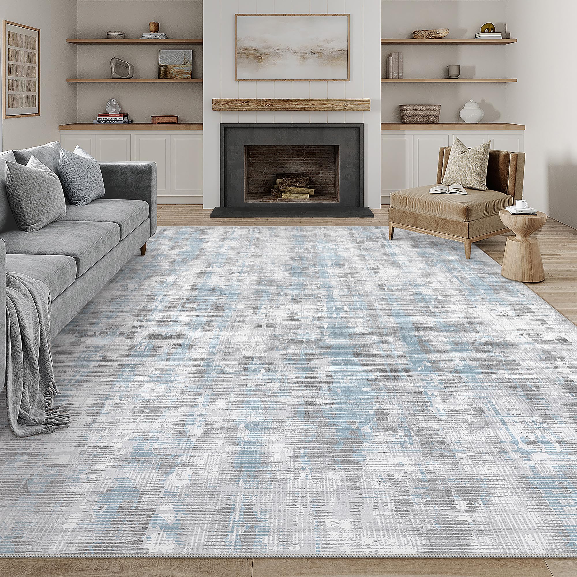 PureCozy Grau Blau Teppich Wohnzimmer 300x400 Schlafzimmer Teppiche Waschbarer rutschfest Boho Abstrakt Carpet Wohnzimmerteppich Esszimmer Büroteppich Groß Kurzflor Weich Carpets