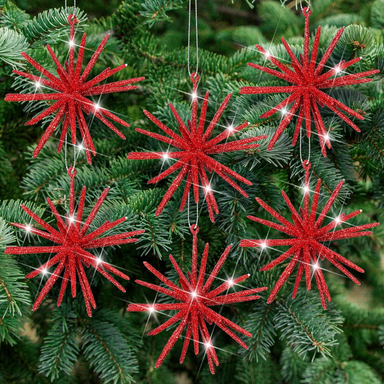 Soulchen 6 Pcs 4 Inch Red Christmas Star Ornament for Christmas Tree Glitter Exploding Starburst Bethlehem Star Decor 3D Hanging Pendant for Xmas Tree Party Indoor Outdoor Decor