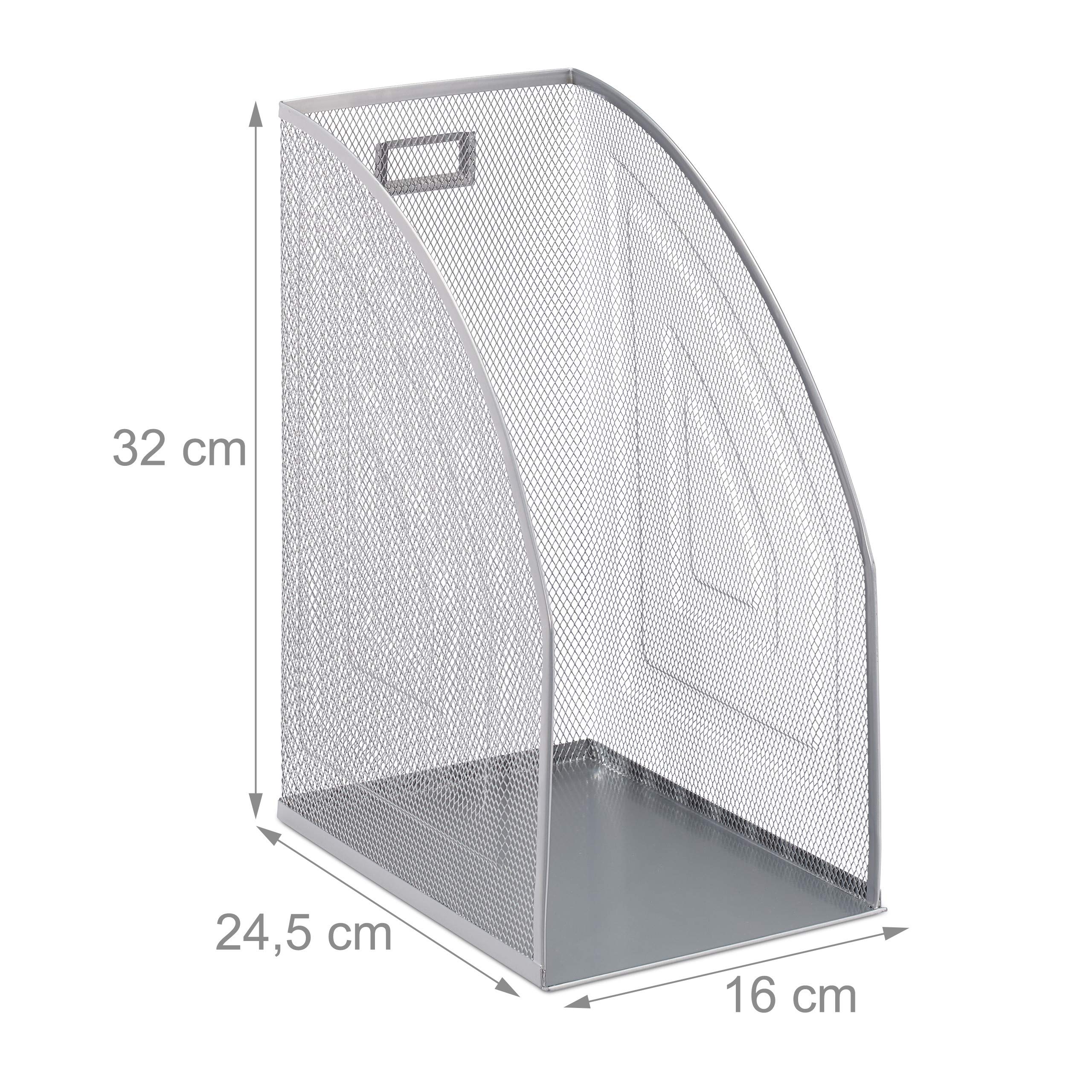 Relaxdays 4 x metalowy segregator stojący DIN A4, segregator stojący, szeroki, siatka, organizer na czasopisma, wymiary (wys. x szer. x gł.): 32 x 16 x 24,5 cm, kolor srebrny