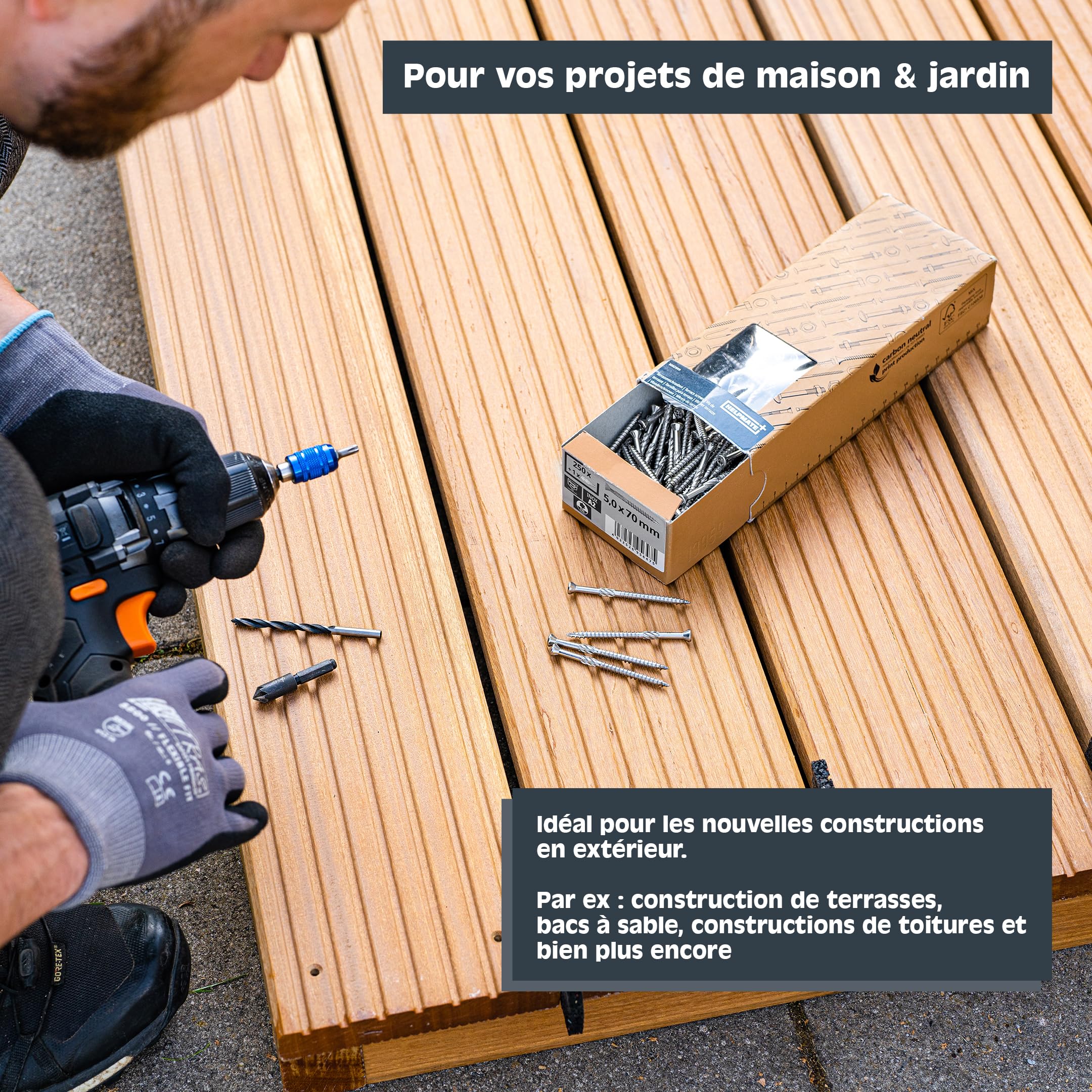 HELPMATE – Tornillos de terraza 5 x 70 acero inoxidable A2 – 1000 tornillos para tablones + puntas T25 – Tornillos para terrazas para exteriores (construcción de terrazas, casas de jardín, estructuras