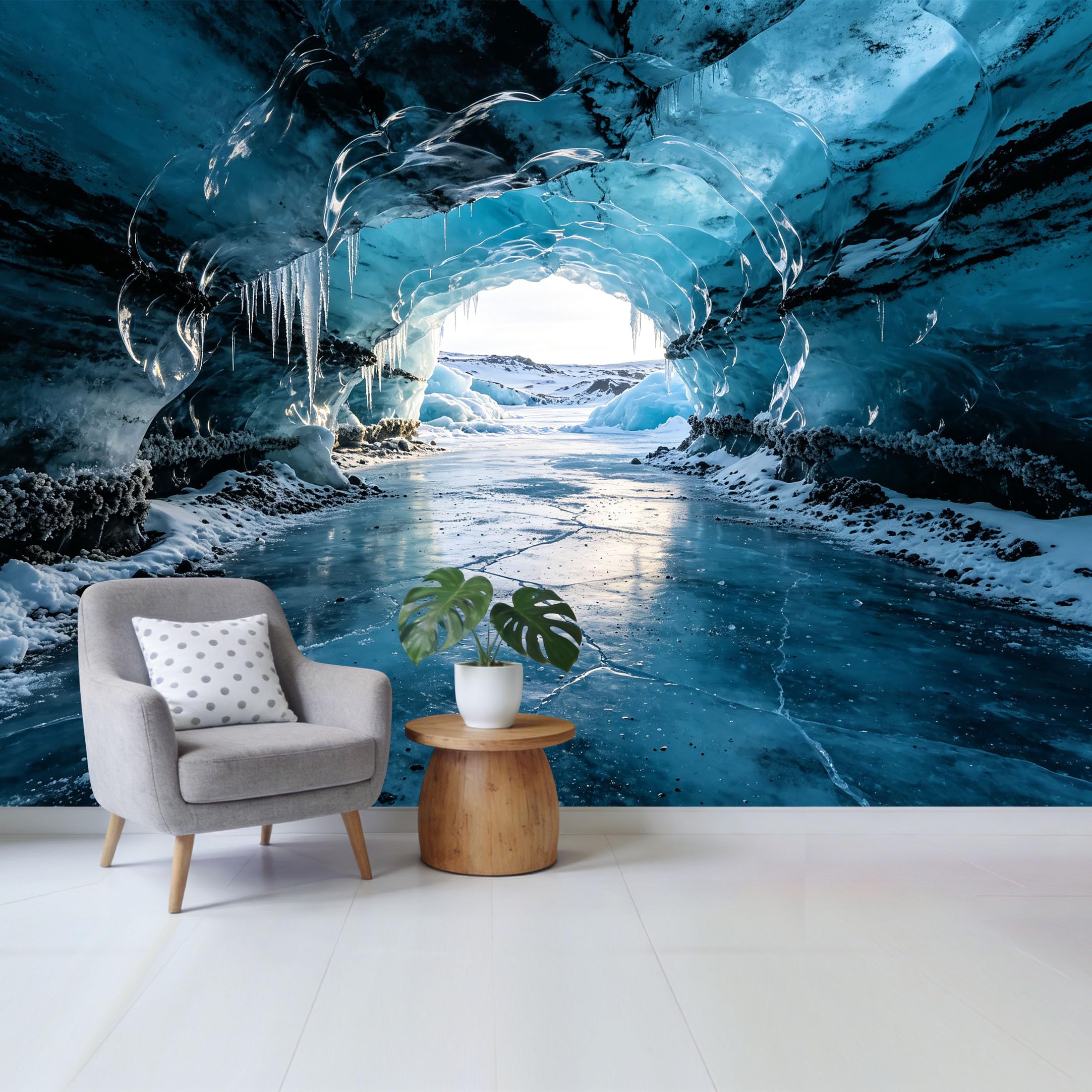 Custom Size Wall Mural Arctic Blue Ice Cave Landscape 3D Trompe L'Oeil Removable Self Adhesive Fabric，Home Wall Decor for Living Room Bedroom Bathroom