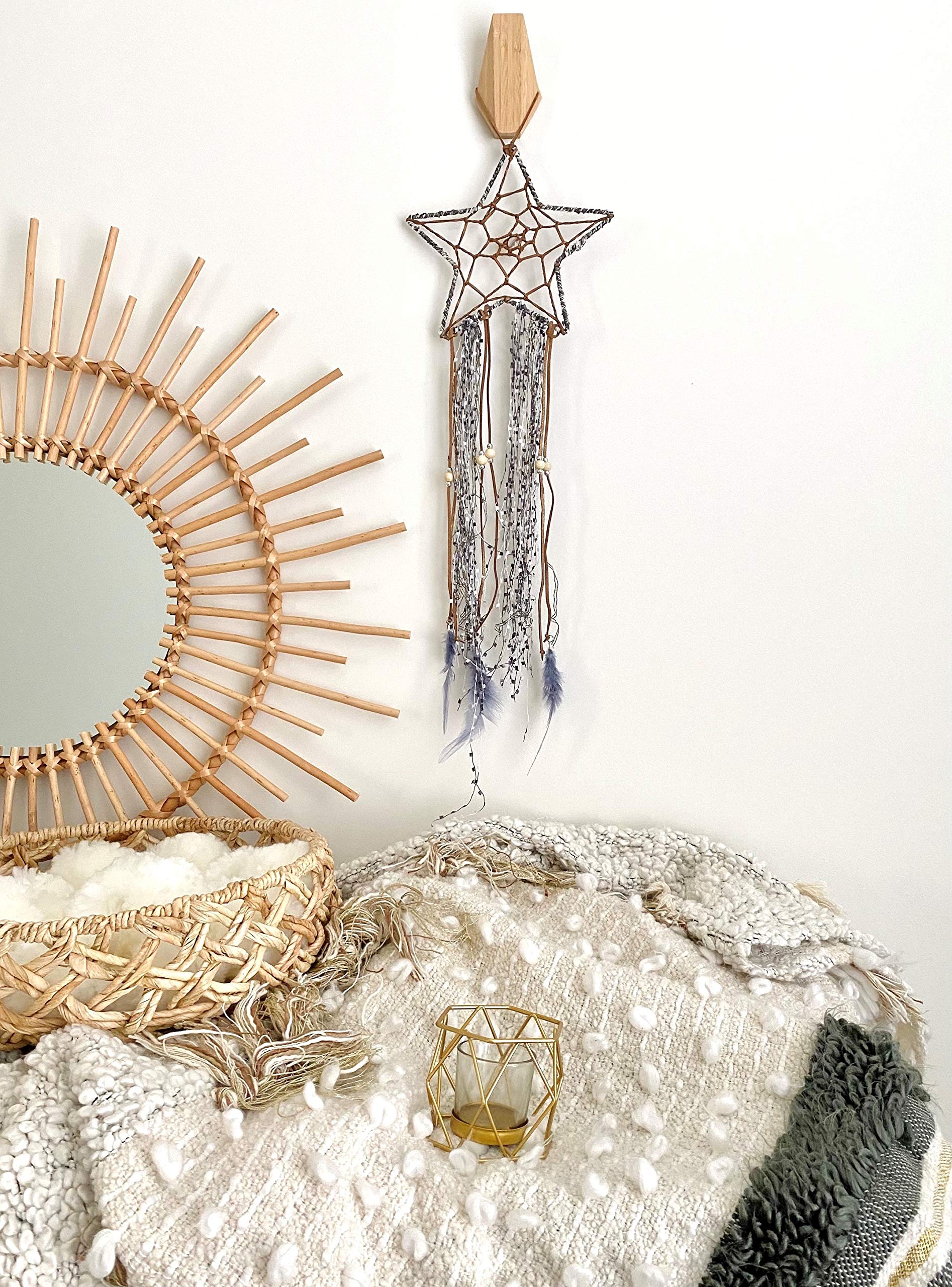 TJ Global Blue Dream Catcher Handmade Star Design Dream Catcher Feather Hanging Home Decoration Ornament Festival Gift 24 inches (Gold Star)