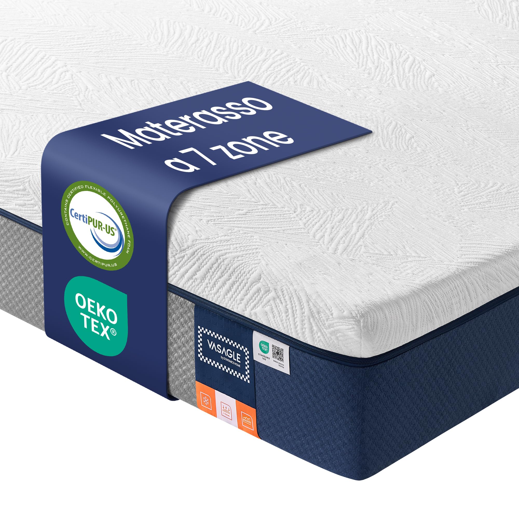 VASAGLE Materasso 160 x 190 cm, Materasso Matrimoniale, Memory Foam con Gel, Rigidità Media, 7 Zone, Rivestimento Traspirante Rimovibile e Lavabile in Lavatrice, 20 cm di Spessore, Blu RMZ129QZ01