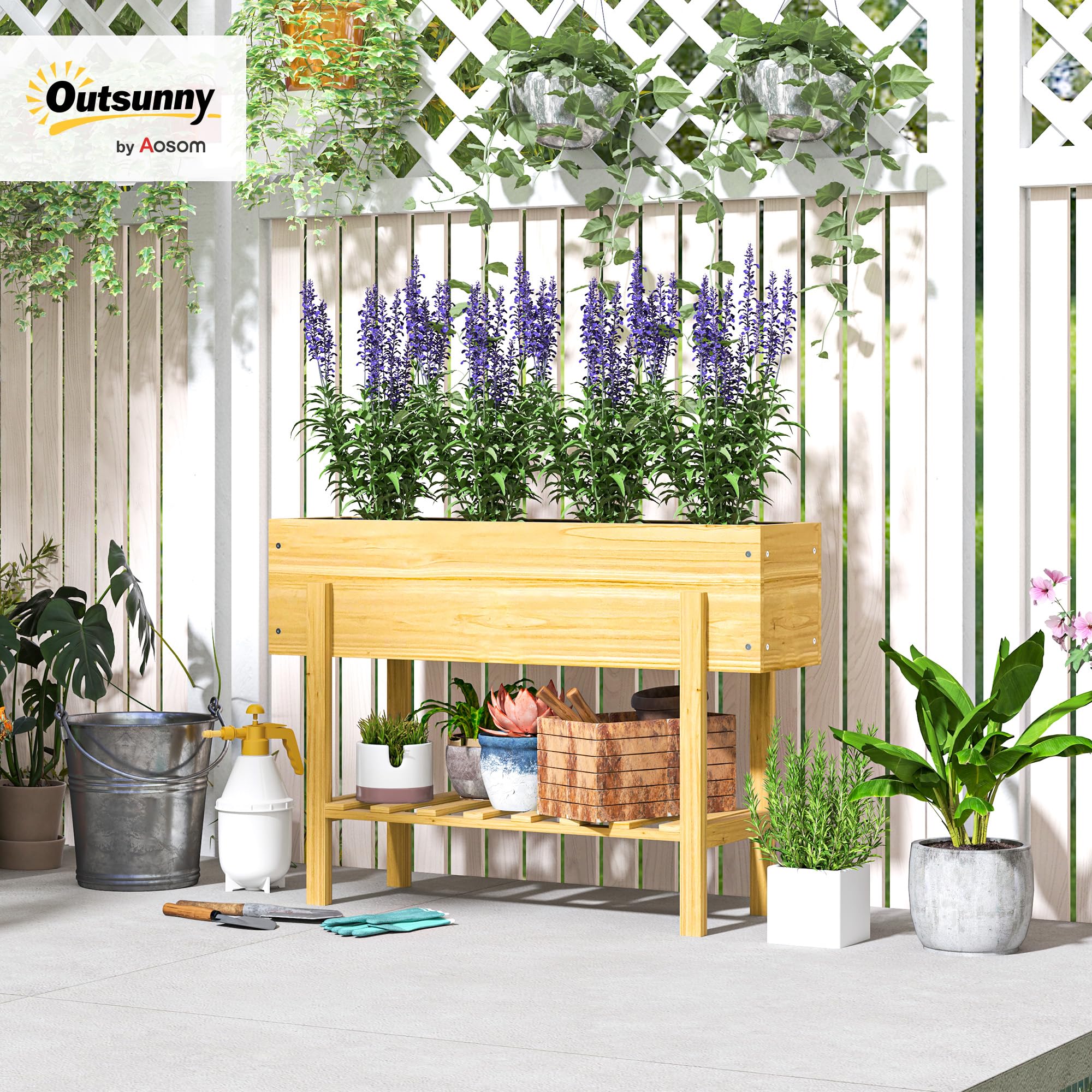 Outsunny Jardinière sur Pieds Potager 100 x 30 x 70,5 cm Bois Naturel | Carré Potager De Jardin Sur Pieds, 2 Trous De Drainage, En Bois, pour Fleurs Herbes Légumes
